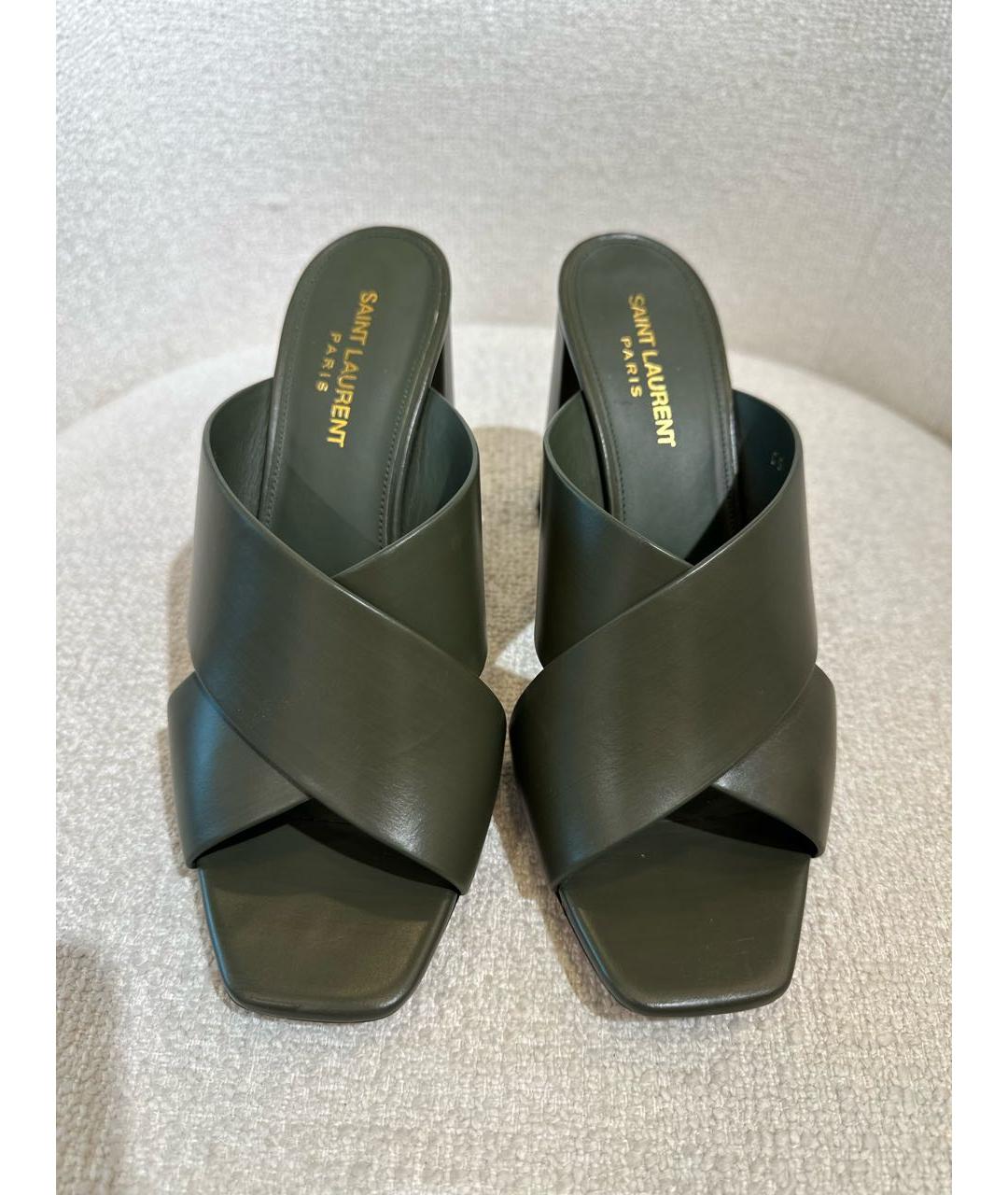 SAINT LAURENT Хаки кожаные мюли, фото 2
