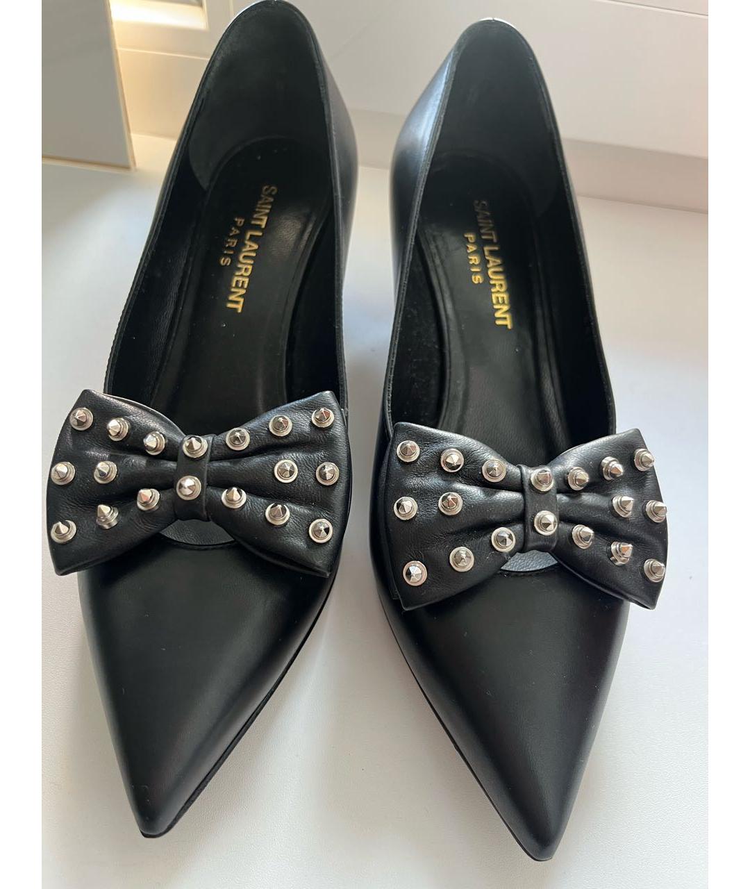 SAINT LAURENT Черные кожаные лодочки на низком каблуке, фото 2
