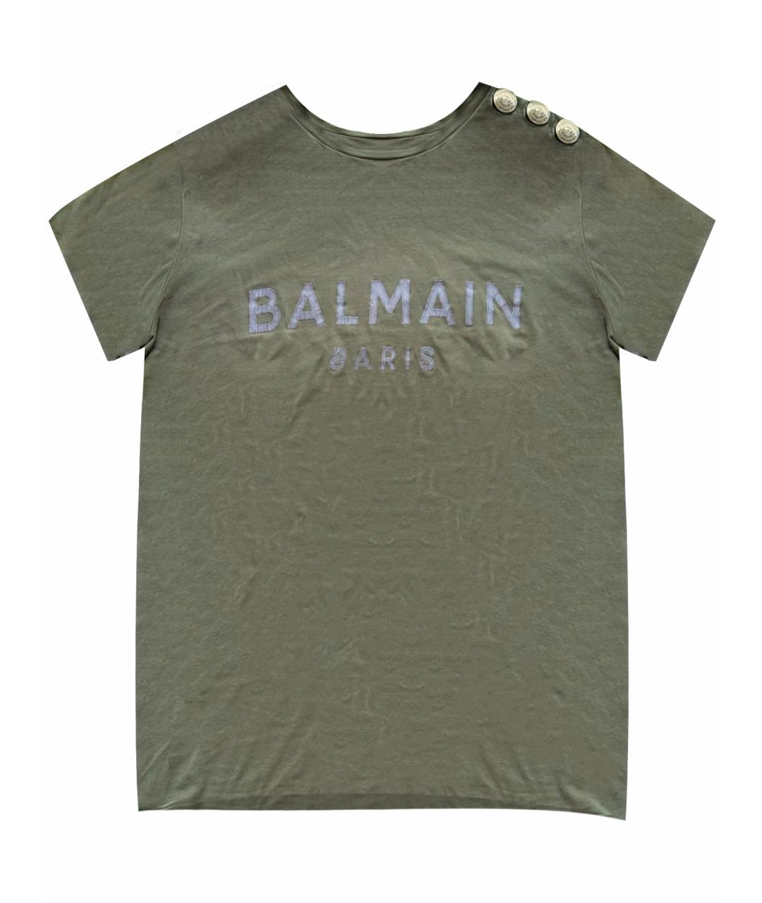 BALMAIN Хаки хлопко-эластановая футболка, фото 1