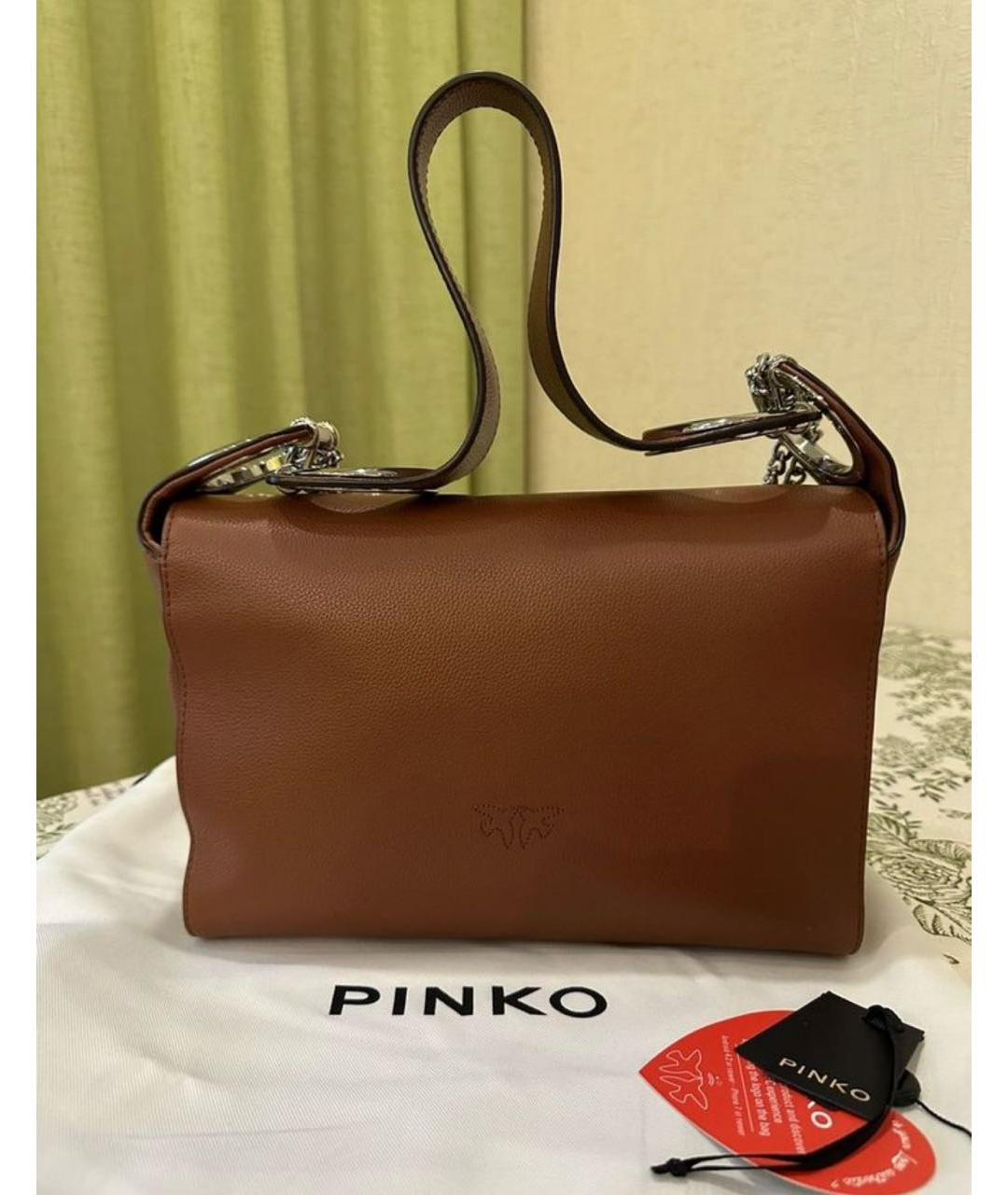 PINKO Коричневая кожаная сумка с короткими ручками, фото 2