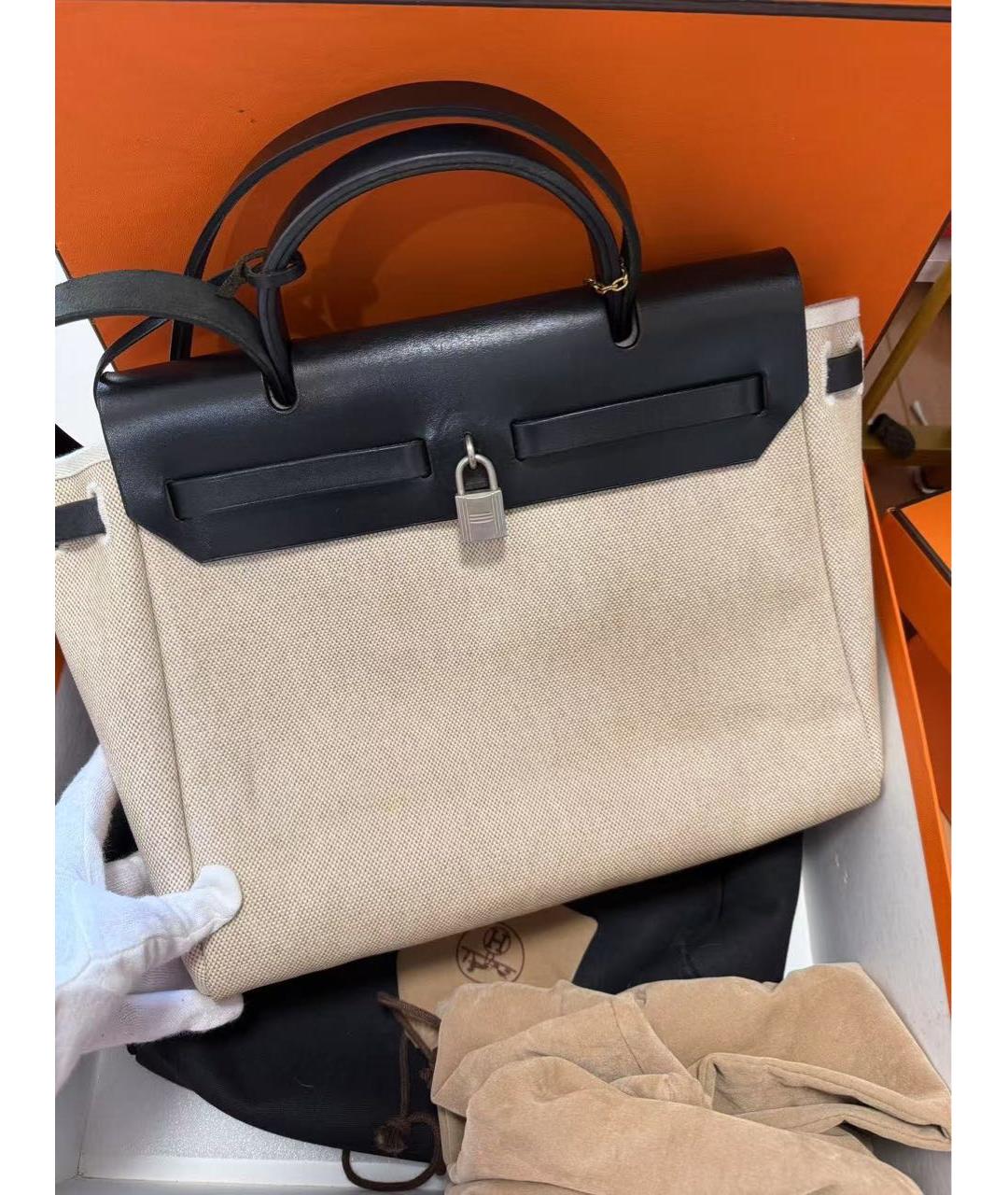 HERMES Бежевая жаккардовая сумка тоут, фото 3