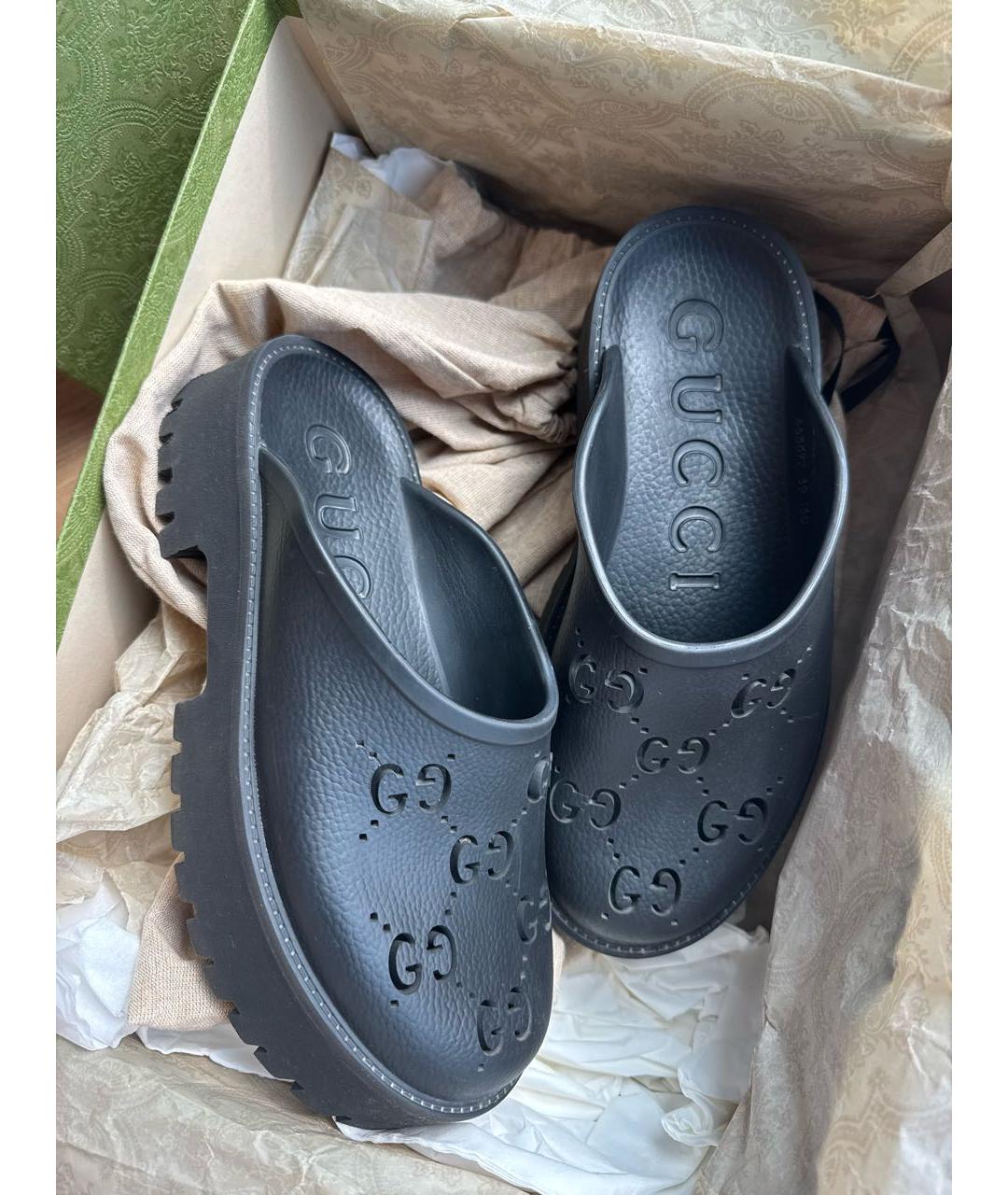 GUCCI Черные резиновые сабо, фото 2