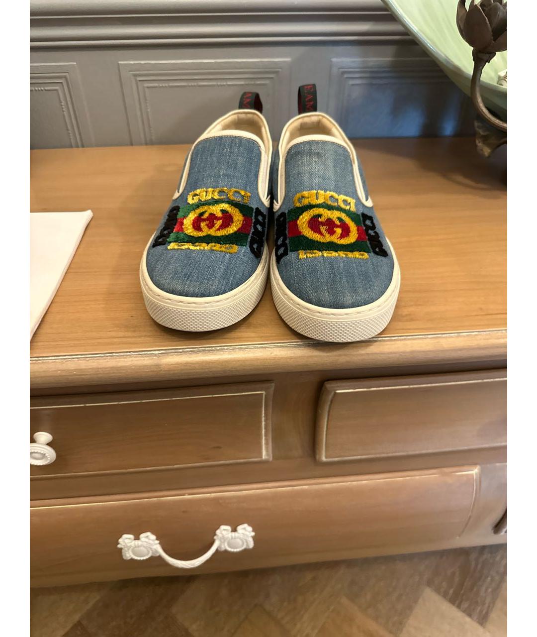 GUCCI Голубые бархатные слипоны, фото 2