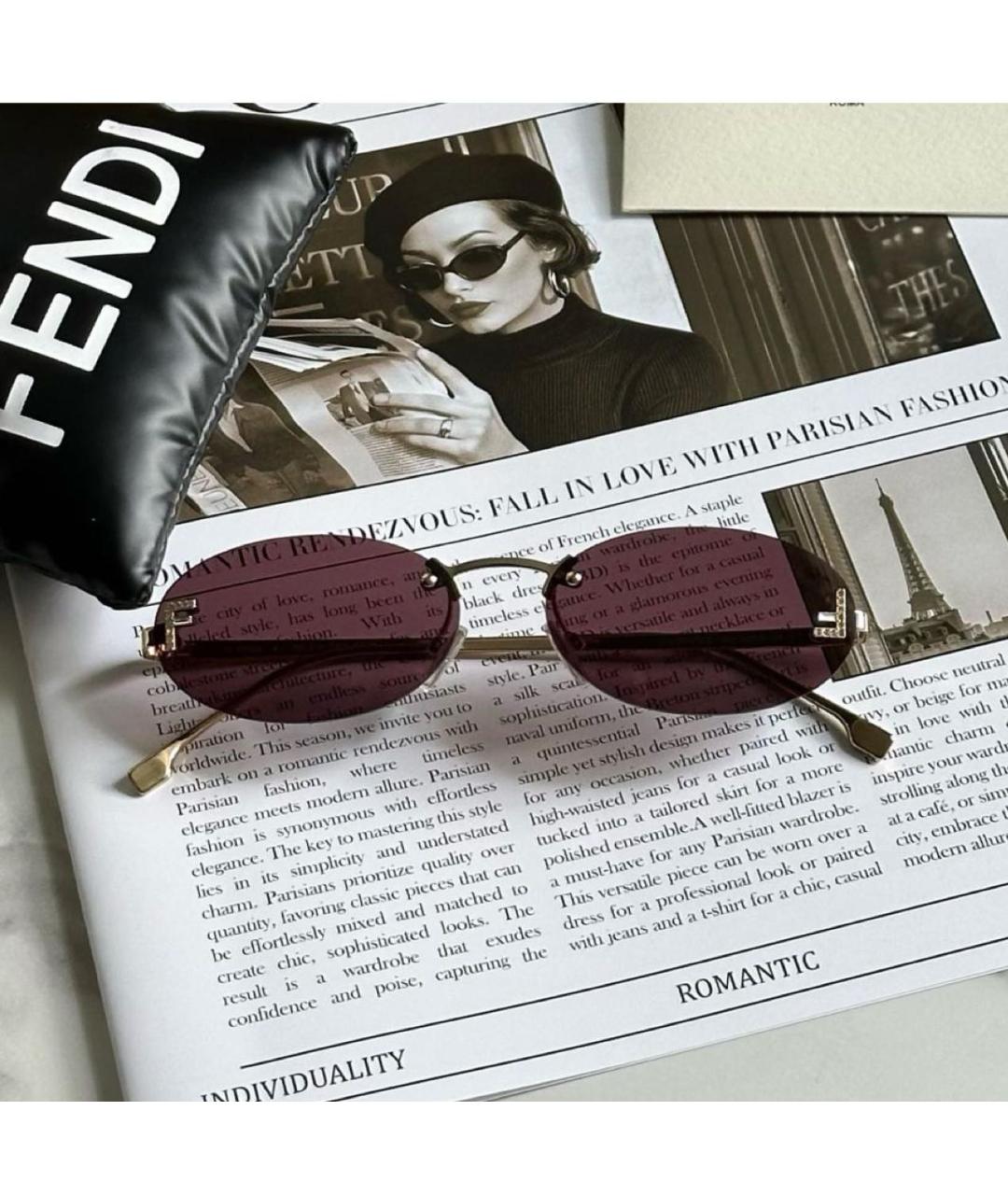 FENDI Бордовые металлические солнцезащитные очки, фото 2
