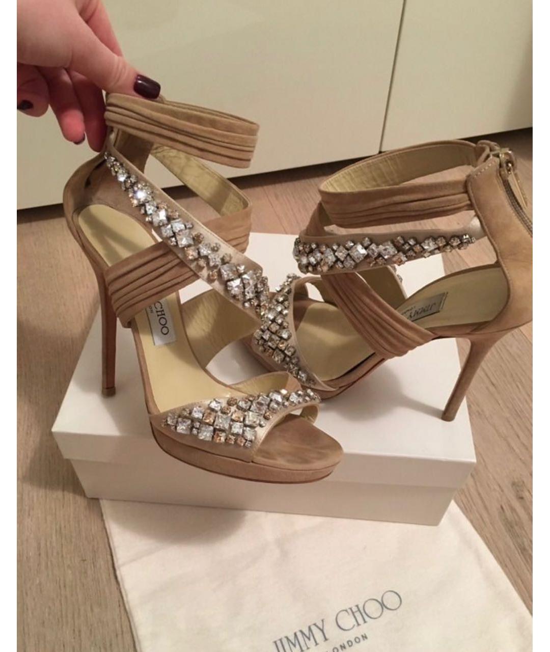 JIMMY CHOO Бежевые замшевые босоножки, фото 7