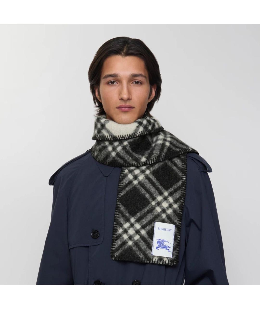 BURBERRY Черный шерстяной шарф, фото 5