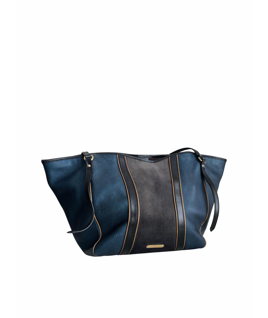 BURBERRY Темно-синяя кожаная сумка тоут, фото 1