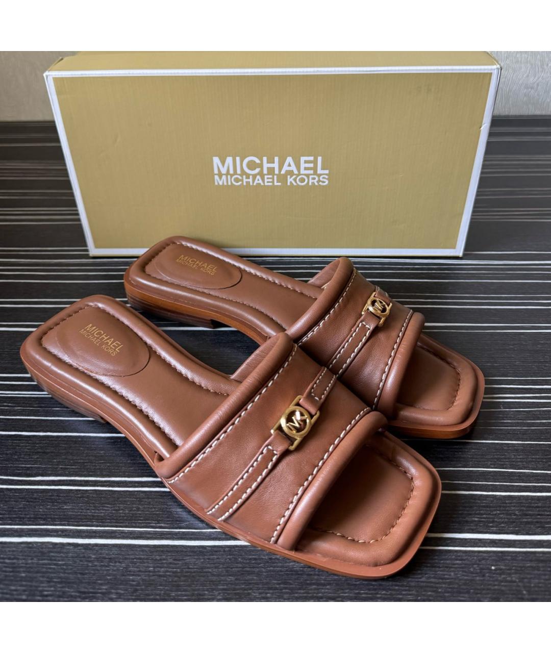 MICHAEL KORS Коричневые кожаные шлепанцы, фото 5
