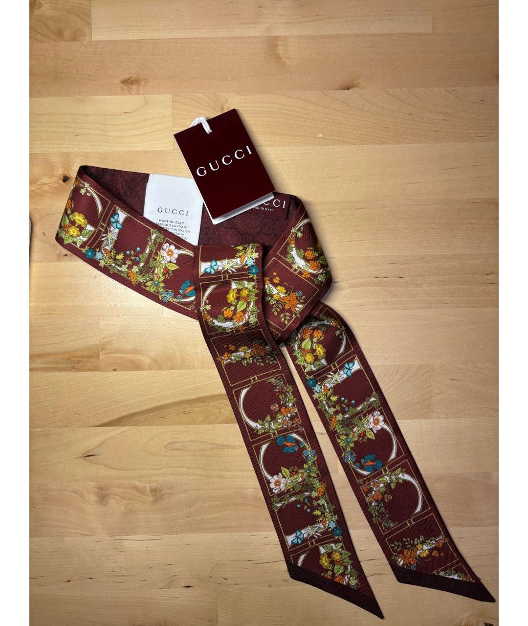 GUCCI Бордовый шелковый шарф, фото 7