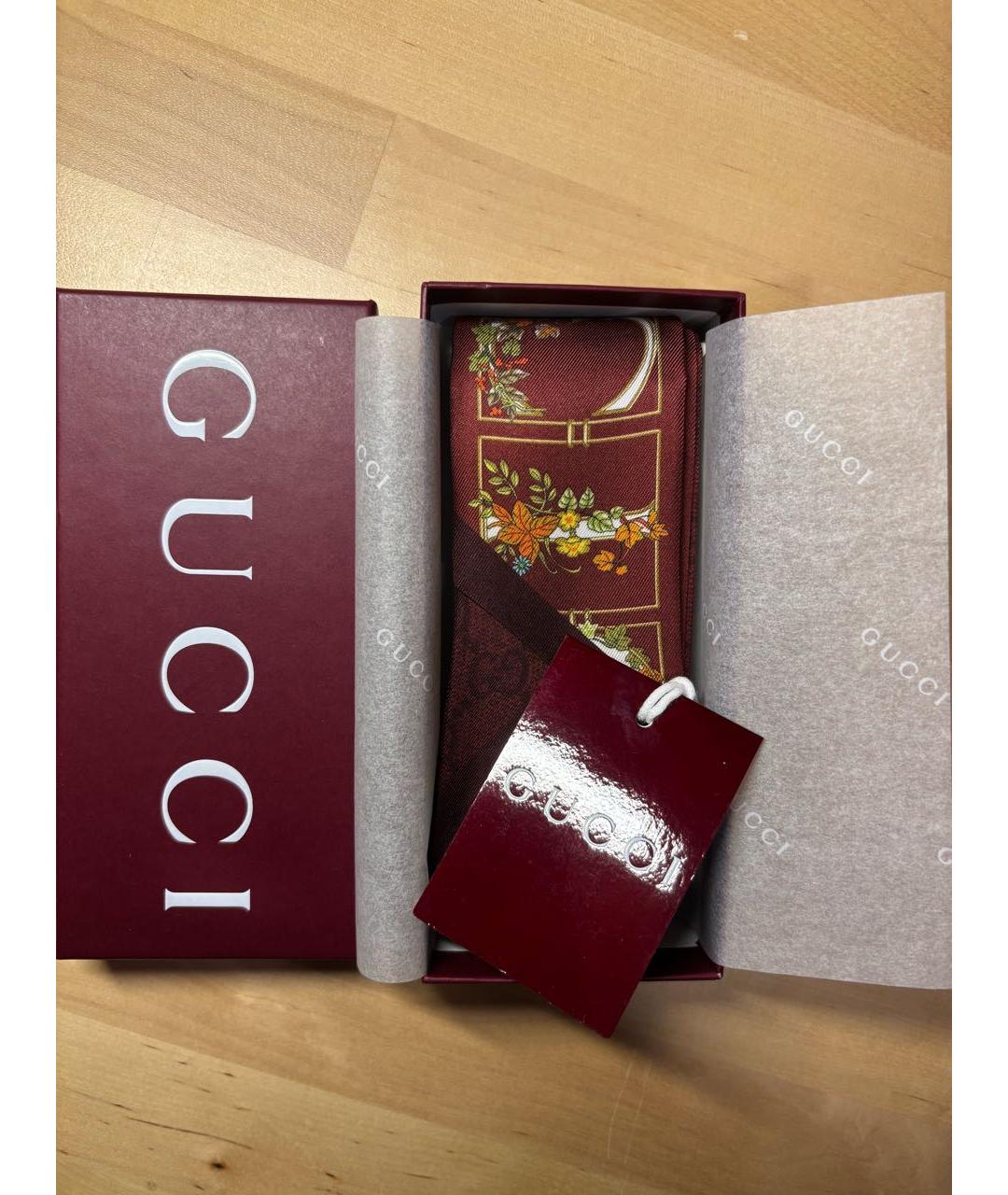 GUCCI Бордовый шелковый шарф, фото 6
