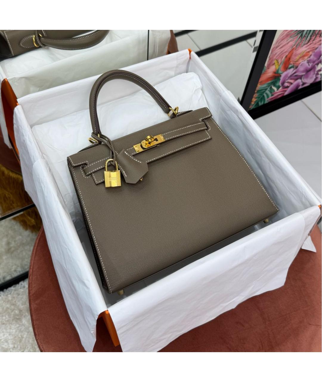 HERMES Коричневая кожаная сумка с короткими ручками, фото 5