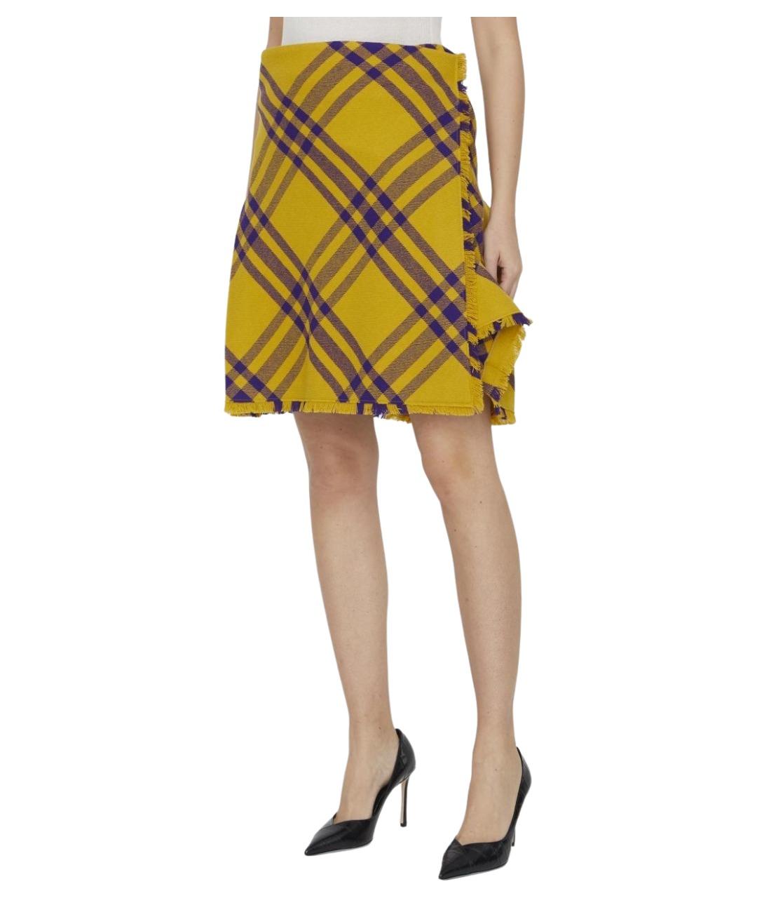 BURBERRY Желтая шерстяная юбка мини, фото 3