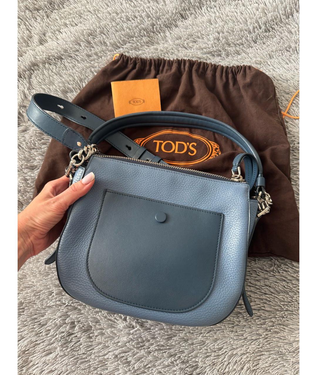 TOD'S Голубая кожаная сумка с короткими ручками, фото 8