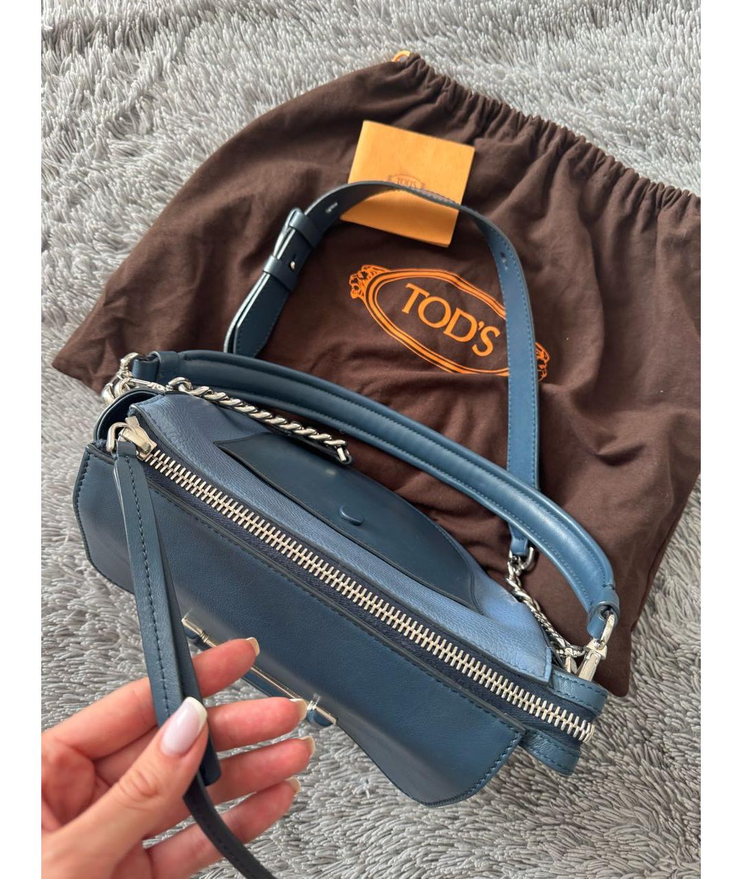 TOD'S Голубая кожаная сумка с короткими ручками, фото 5