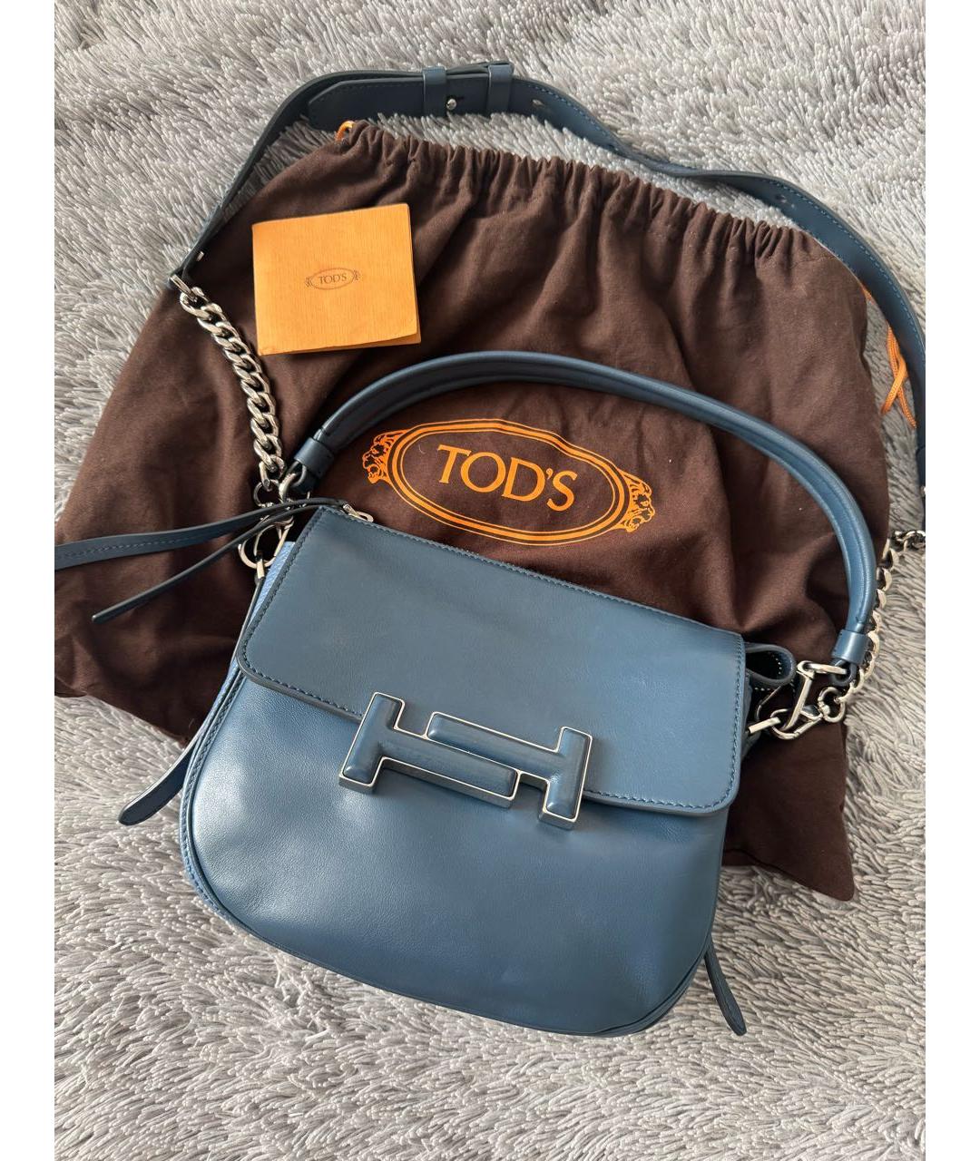 TOD'S Голубая кожаная сумка с короткими ручками, фото 9