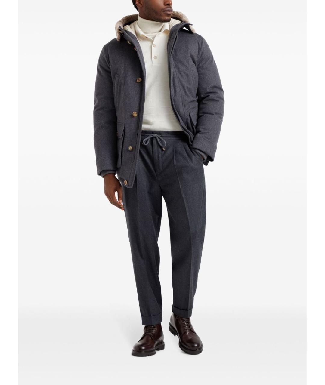 BRUNELLO CUCINELLI Антрацитовые шерстяные повседневные брюки, фото 2
