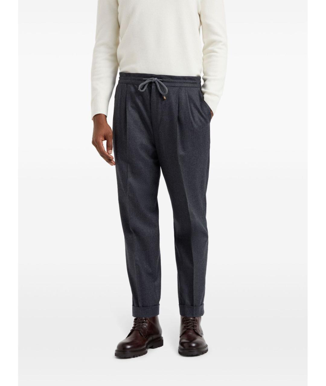 BRUNELLO CUCINELLI Антрацитовые шерстяные повседневные брюки, фото 6