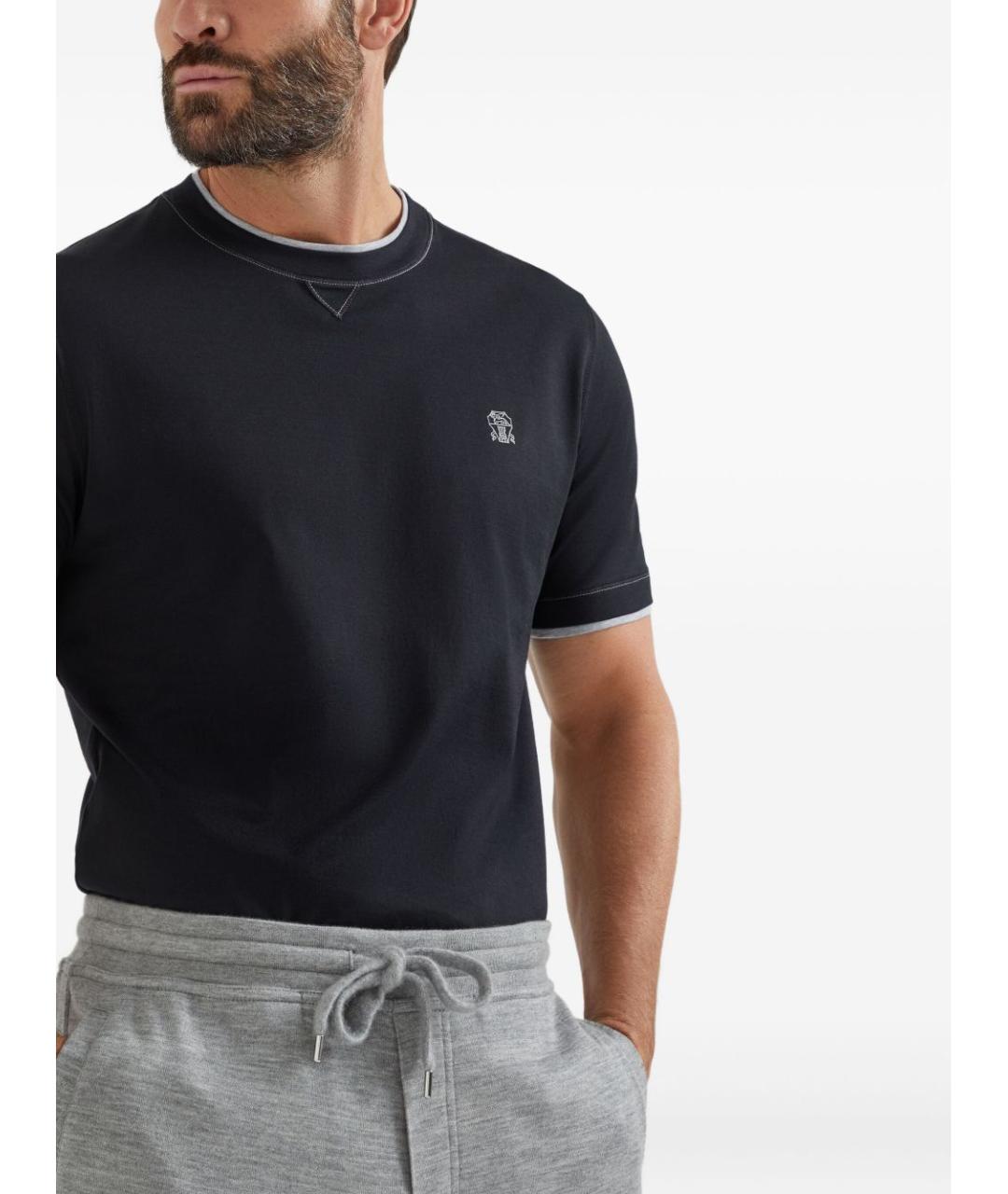 BRUNELLO CUCINELLI Темно-синяя хлопковая футболка, фото 4