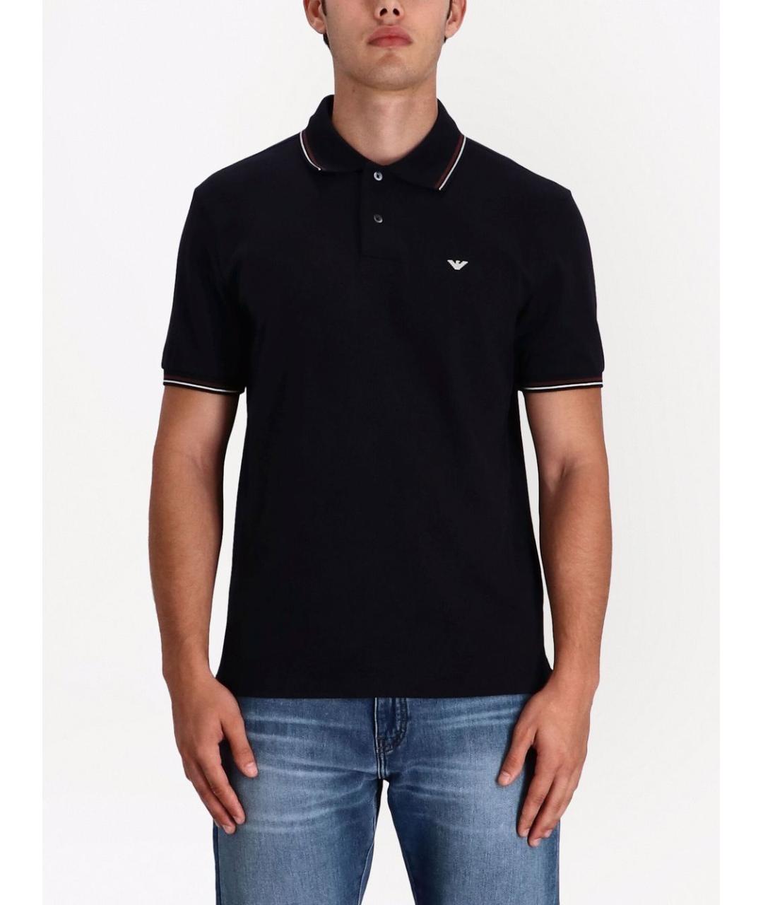 EMPORIO ARMANI Темно-синее хлопковое поло с коротким рукавом, фото 4