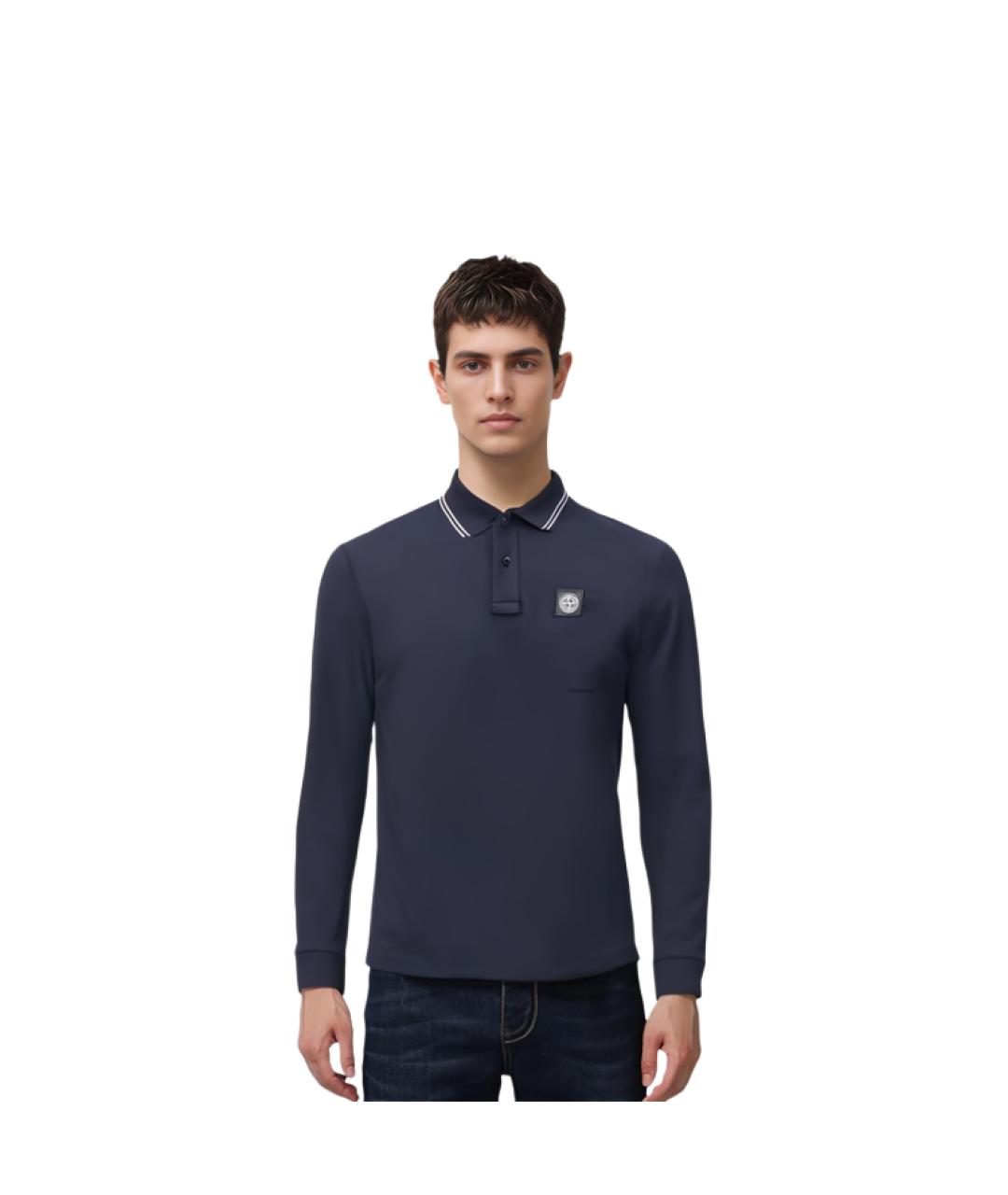 STONE ISLAND Темно-синее хлопковое поло с длинным рукавом, фото 3