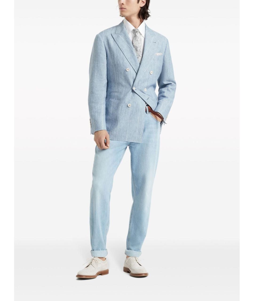 BRUNELLO CUCINELLI Голубые хлопковые прямые джинсы, фото 6