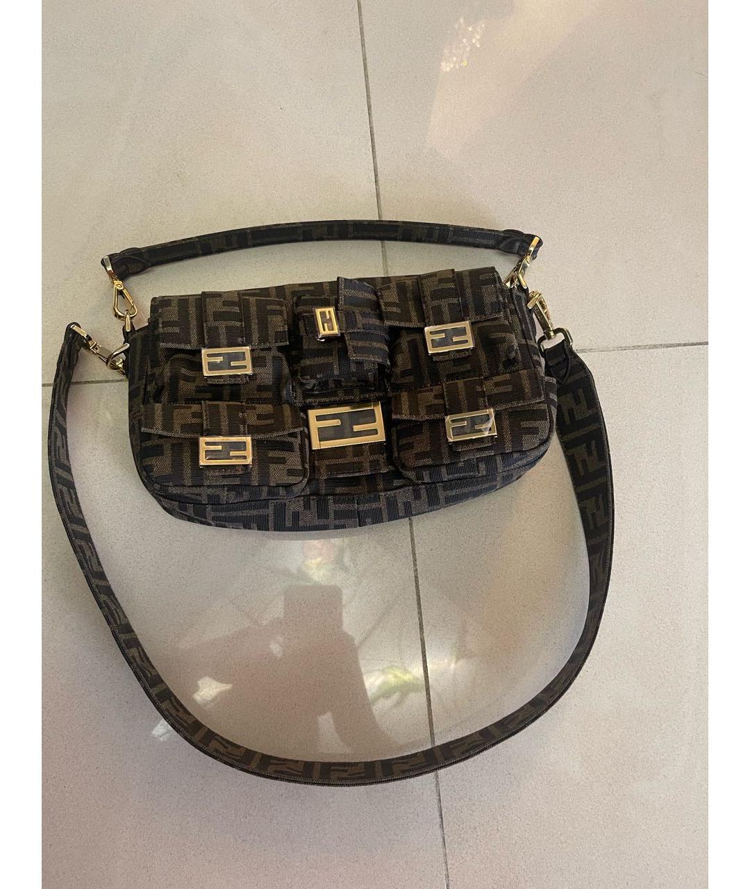 FENDI Коричневая тканевая сумка с короткими ручками, фото 2