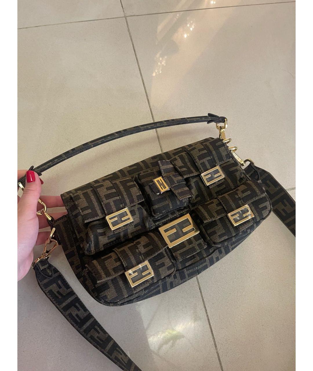 FENDI Коричневая тканевая сумка с короткими ручками, фото 5
