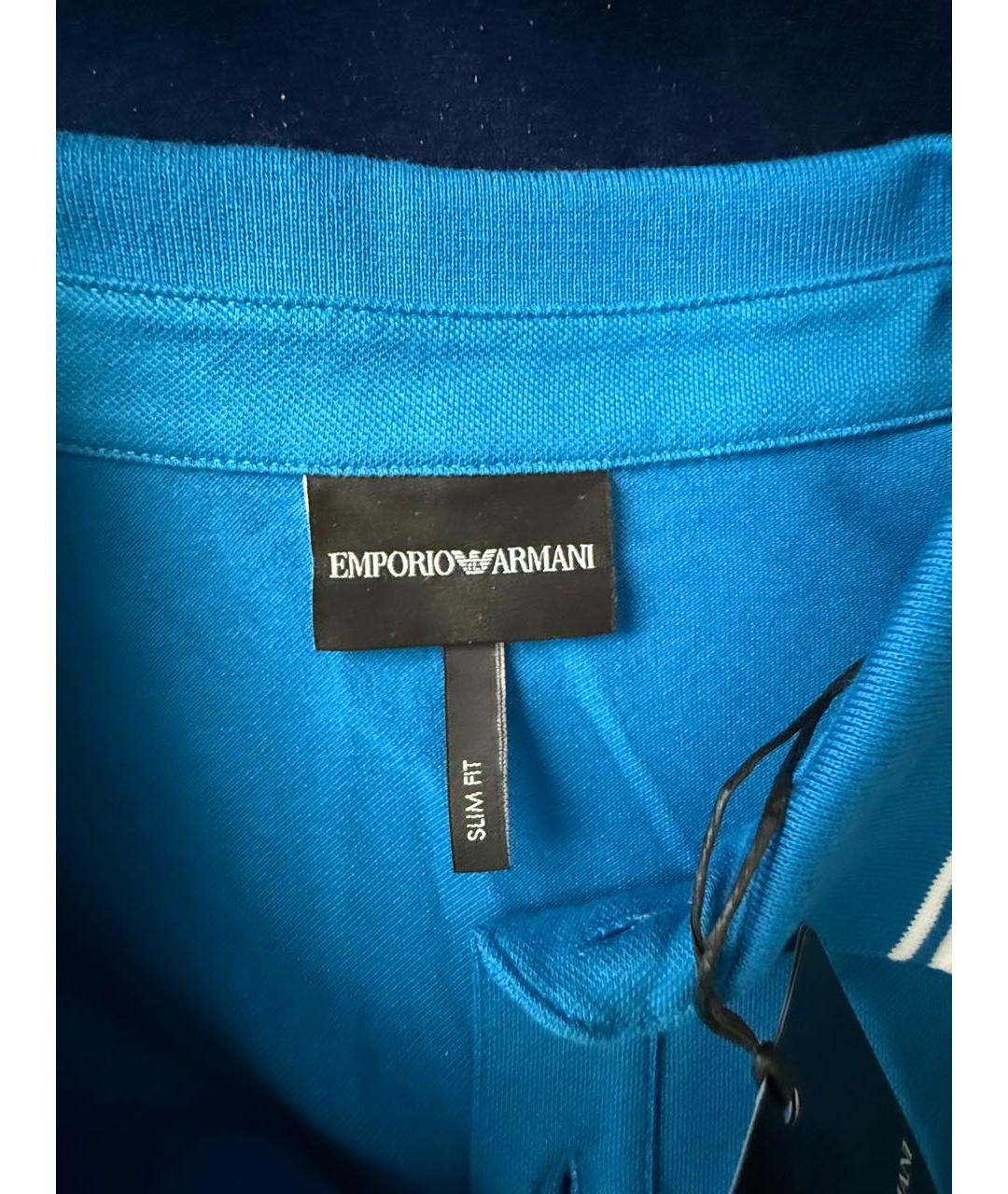 EMPORIO ARMANI Голубое хлопковое поло с коротким рукавом, фото 3