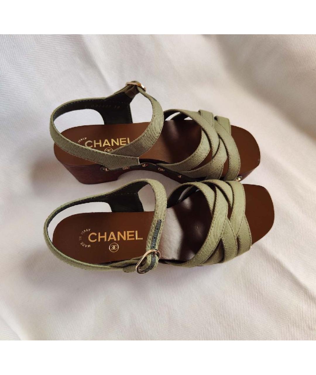 CHANEL Хаки текстильные босоножки, фото 7