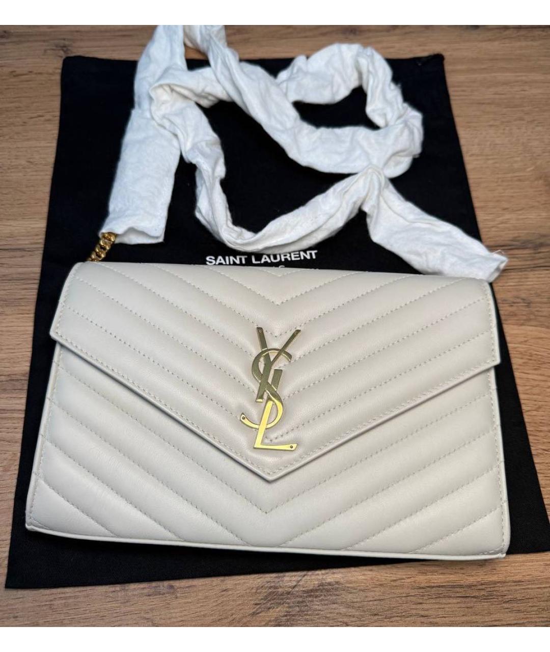 SAINT LAURENT Бежевая кожаная сумка через плечо, фото 4