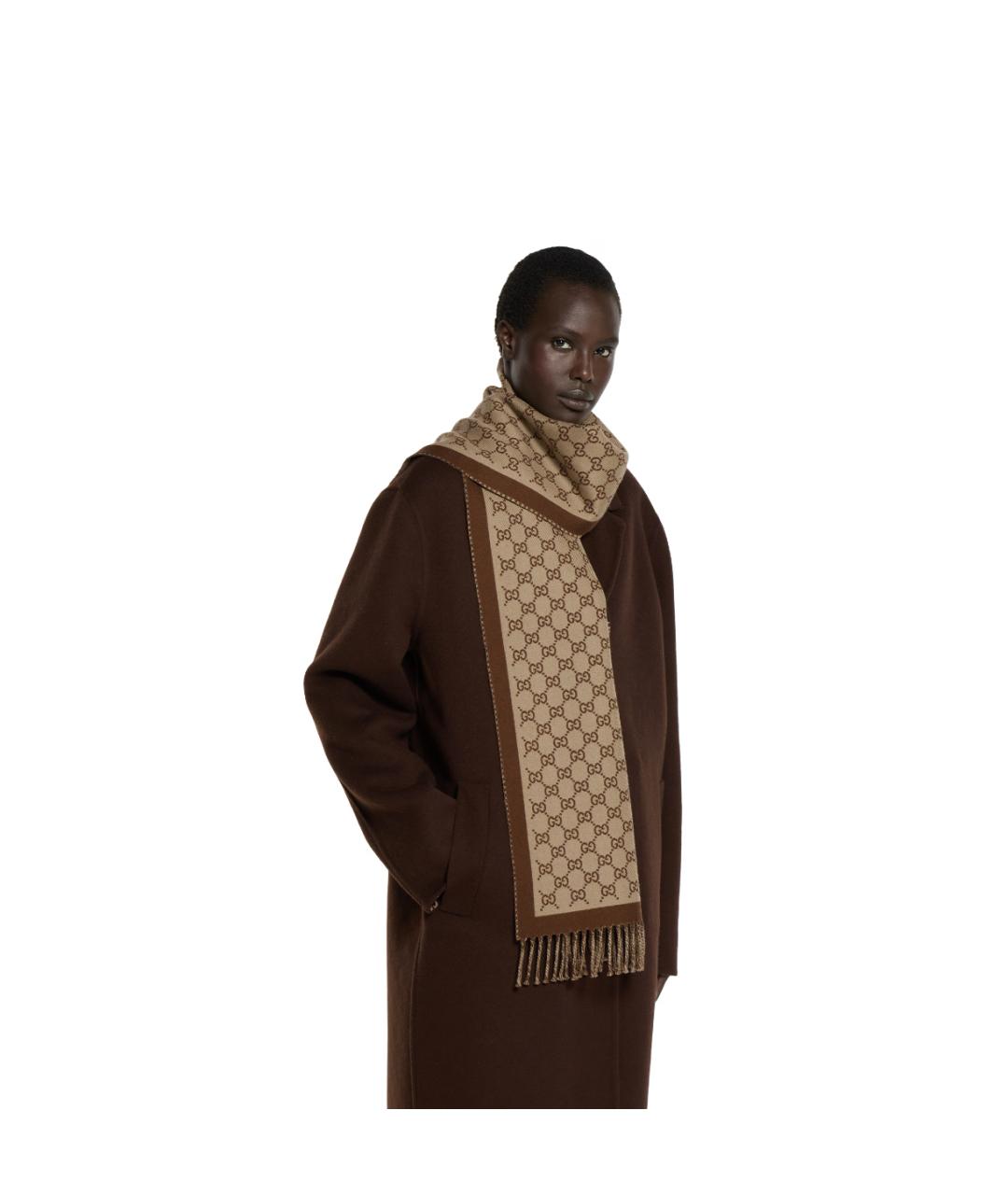 GUCCI Коричневый шерстяной шарф, фото 5