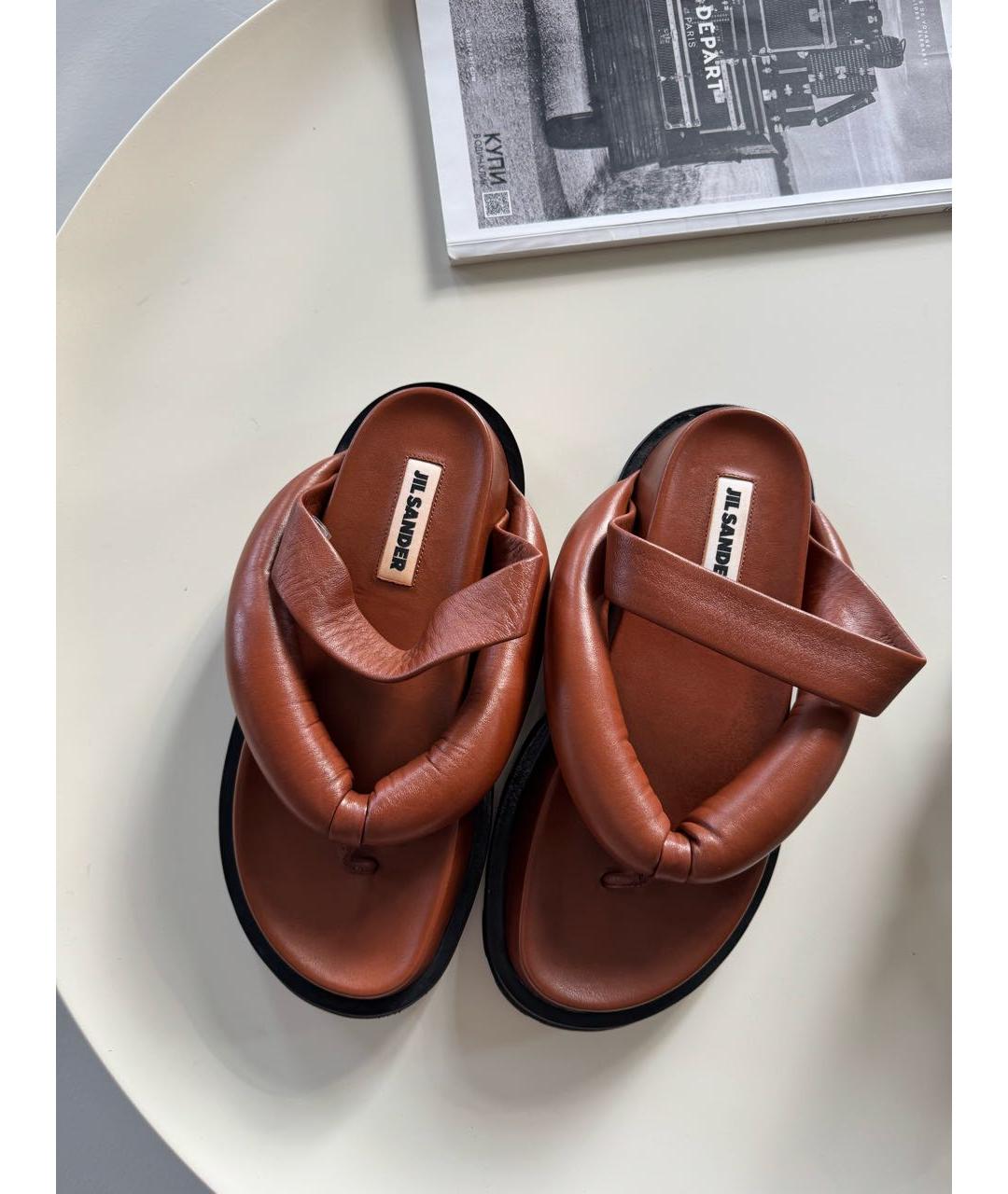 JIL SANDER Коричневые кожаные шлепанцы, фото 5