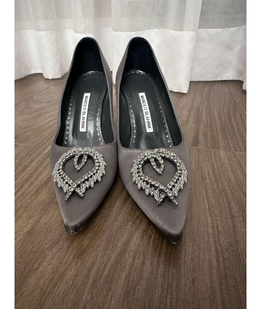 MANOLO BLAHNIK Антрацитовые текстильные лодочки на низком каблуке, фото 4