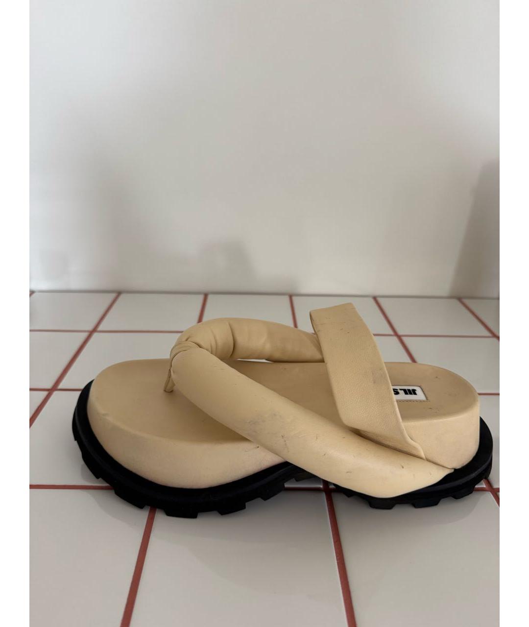 JIL SANDER Бежевые кожаные шлепанцы, фото 6