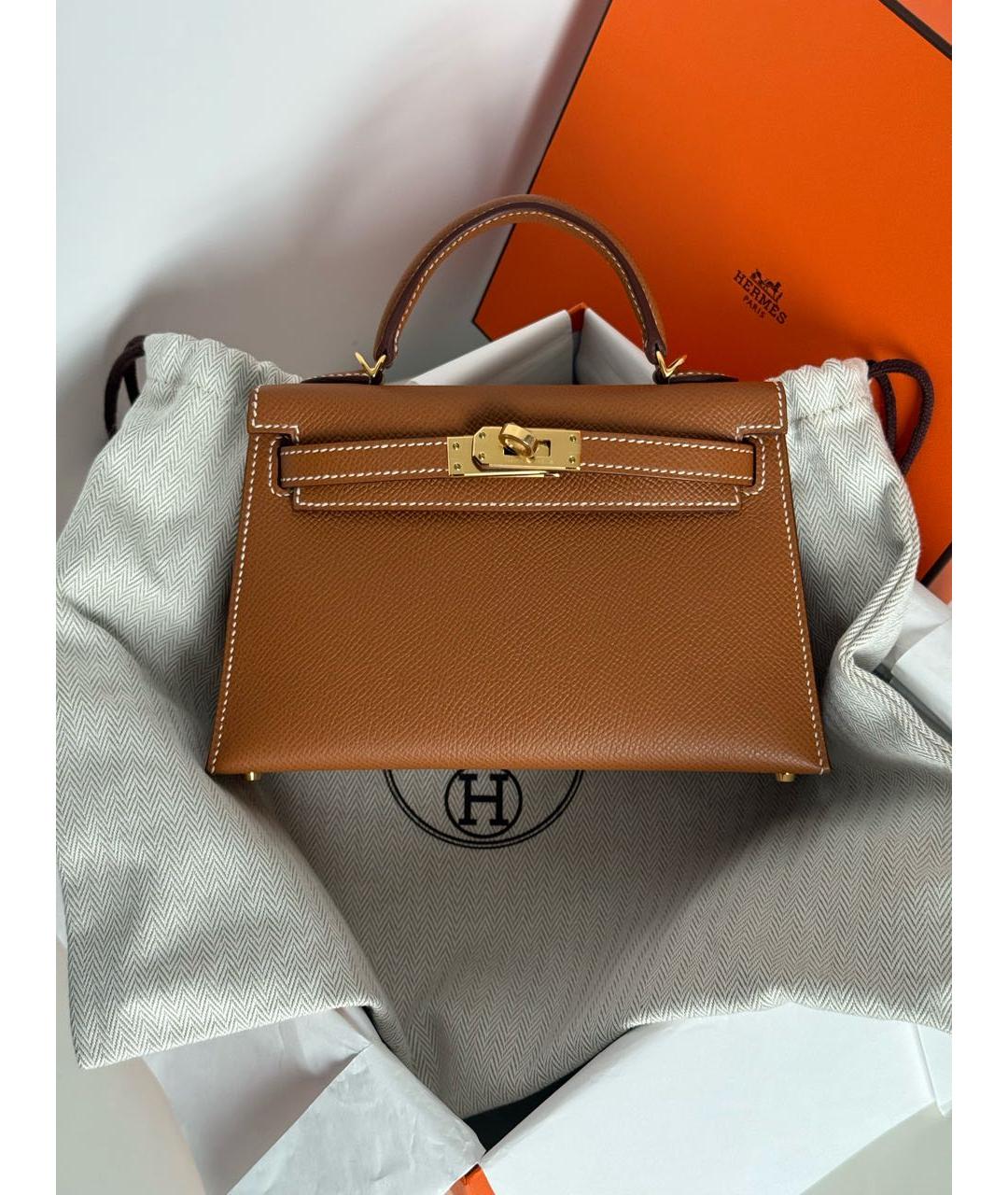 HERMES Коричневая кожаная сумка с короткими ручками, фото 5