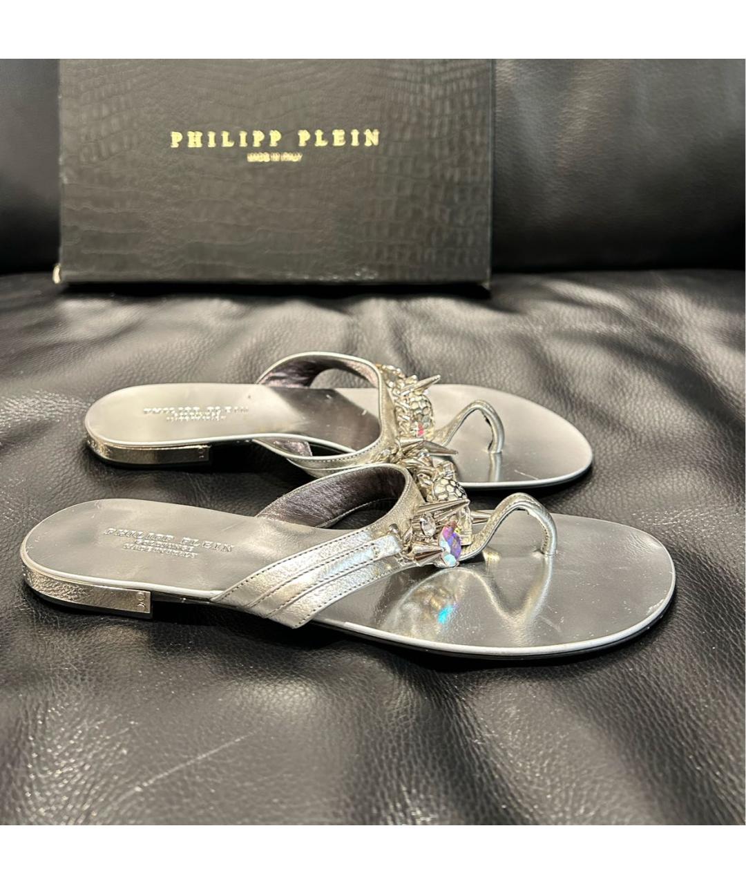 PHILIPP PLEIN Серебряные кожаные шлепанцы, фото 2