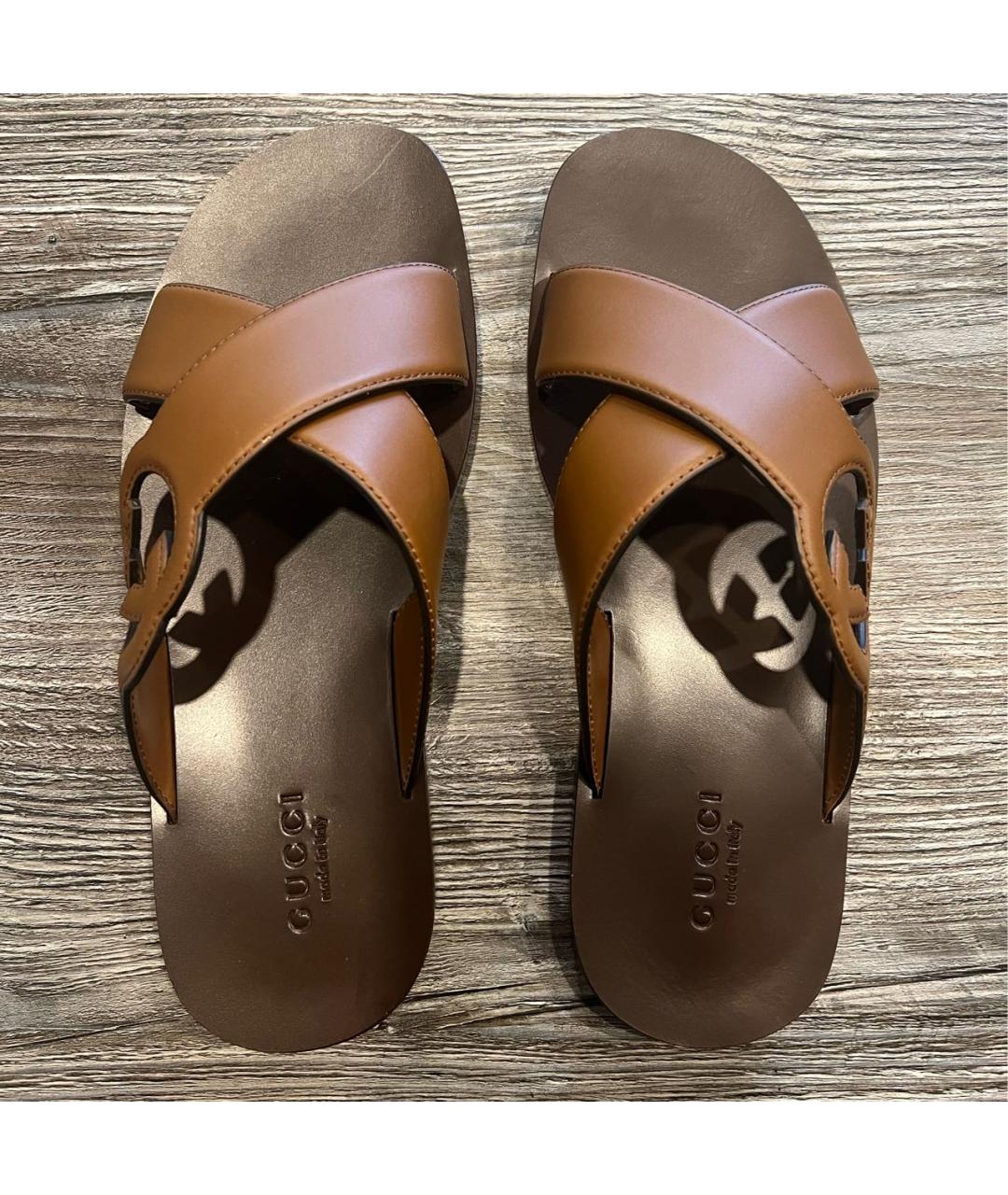 GUCCI Коричневые кожаные шлепанцы, фото 3