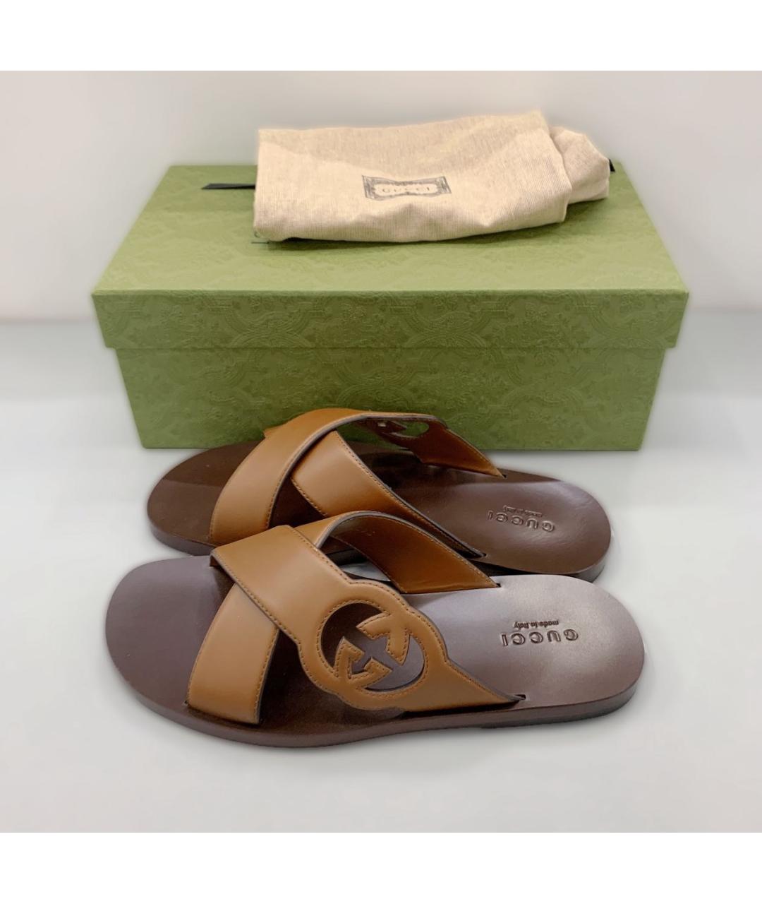 GUCCI Коричневые кожаные шлепанцы, фото 8