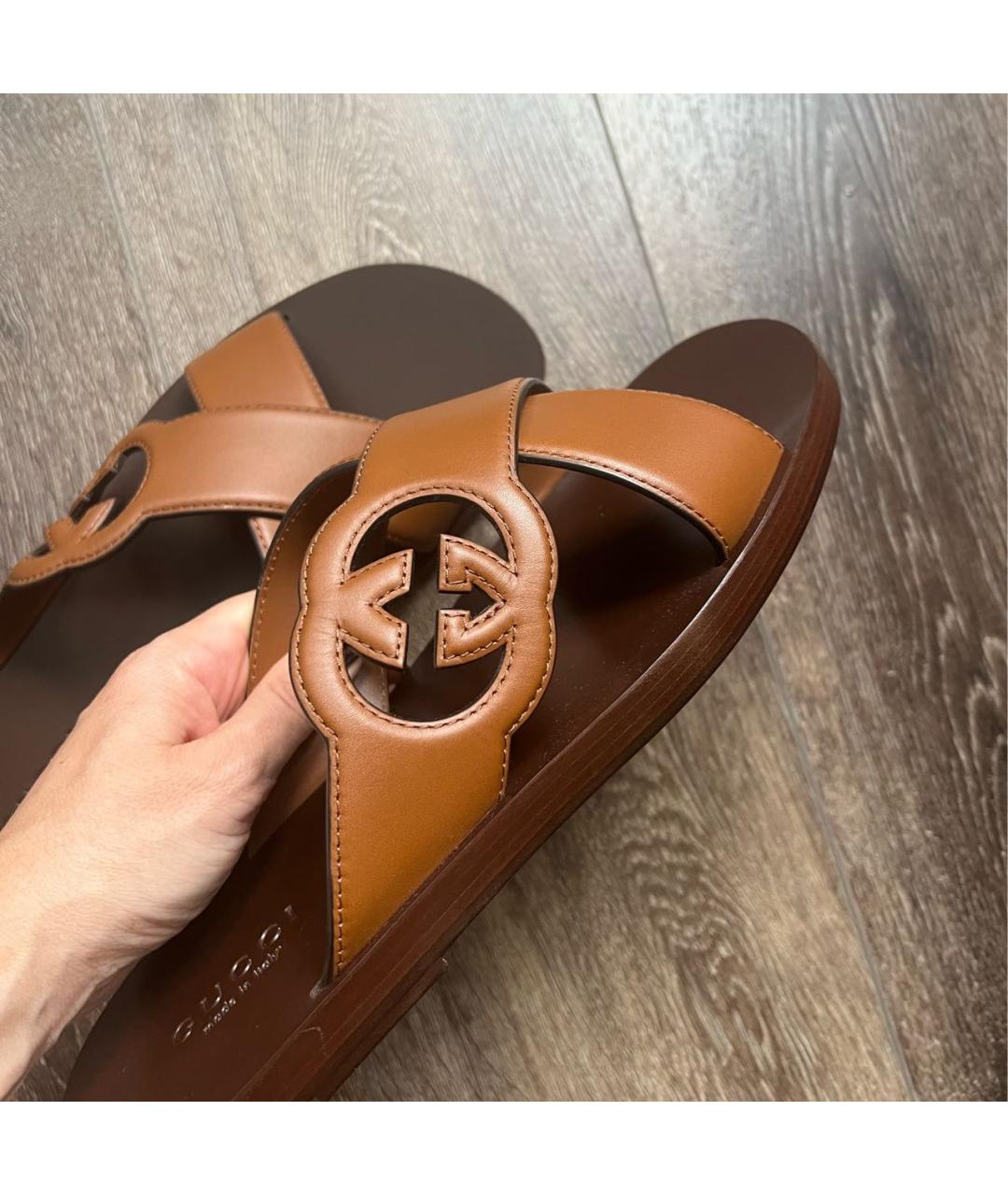 GUCCI Коричневые кожаные шлепанцы, фото 6