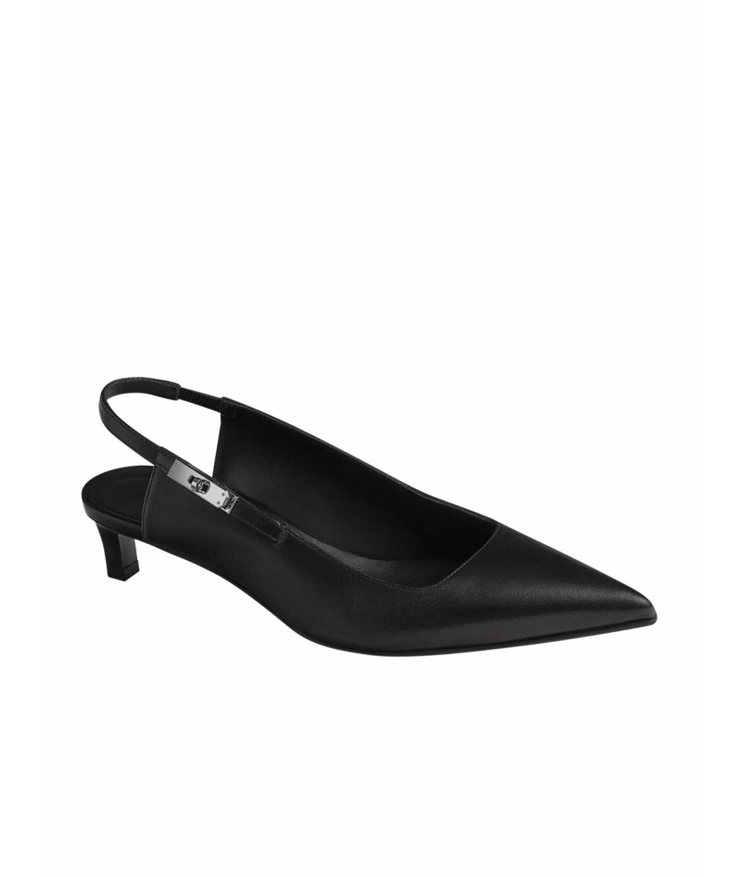 HERMES Черные кожаные лодочки на низком каблуке, фото 1