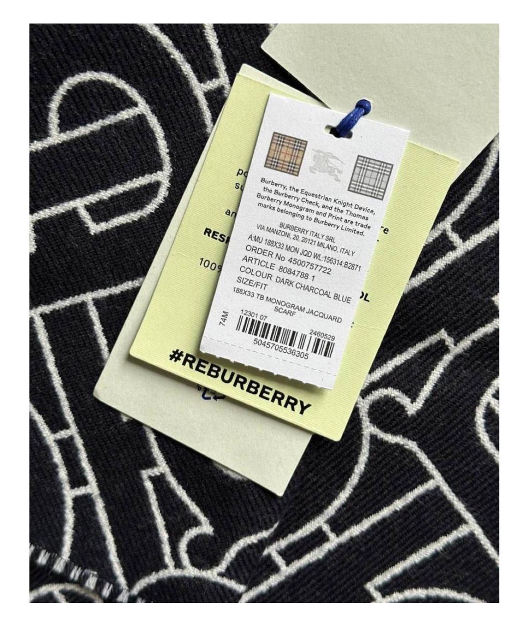 BURBERRY Черный шерстяной шарф, фото 5