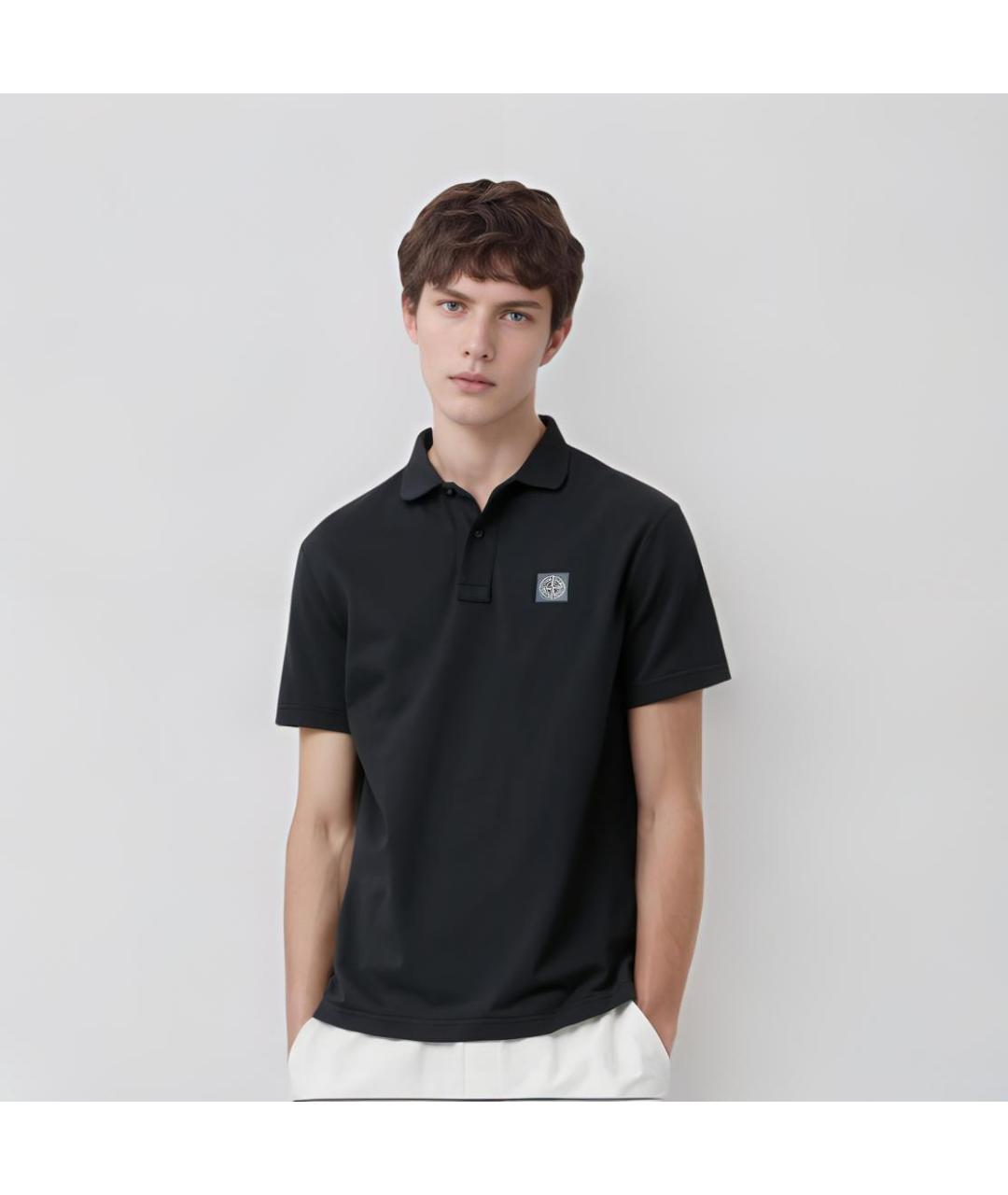 STONE ISLAND Черное хлопковое поло с коротким рукавом, фото 3