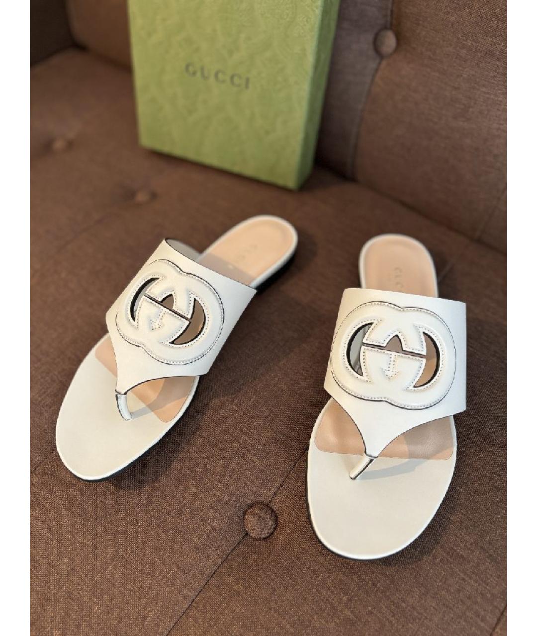 GUCCI Белые кожаные шлепанцы, фото 6