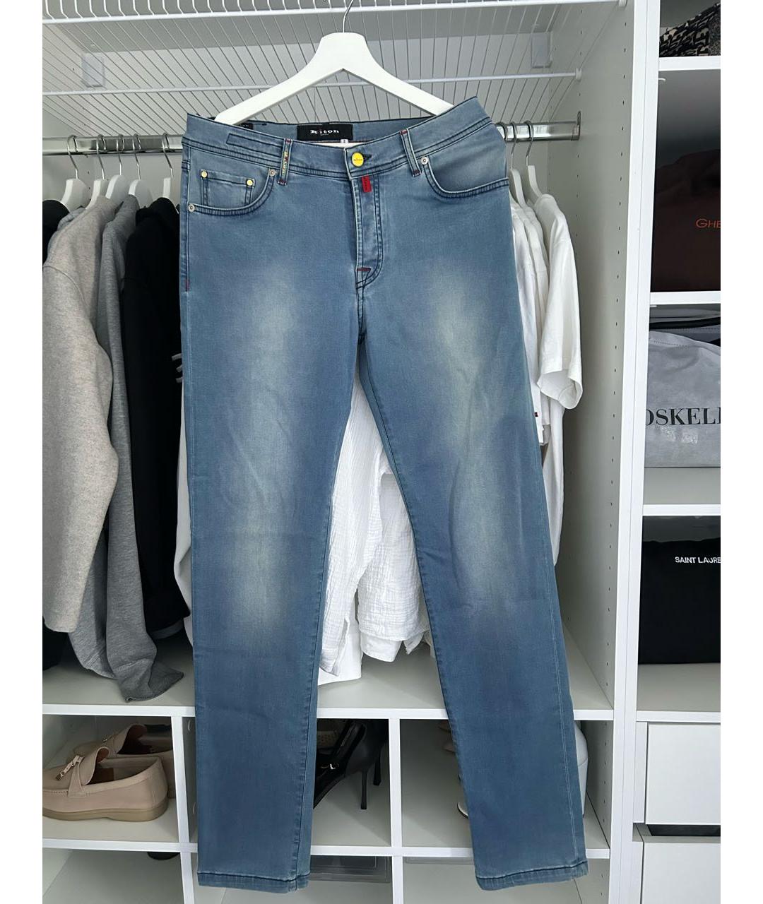 KITON Голубые хлопко-эластановые прямые джинсы, фото 9