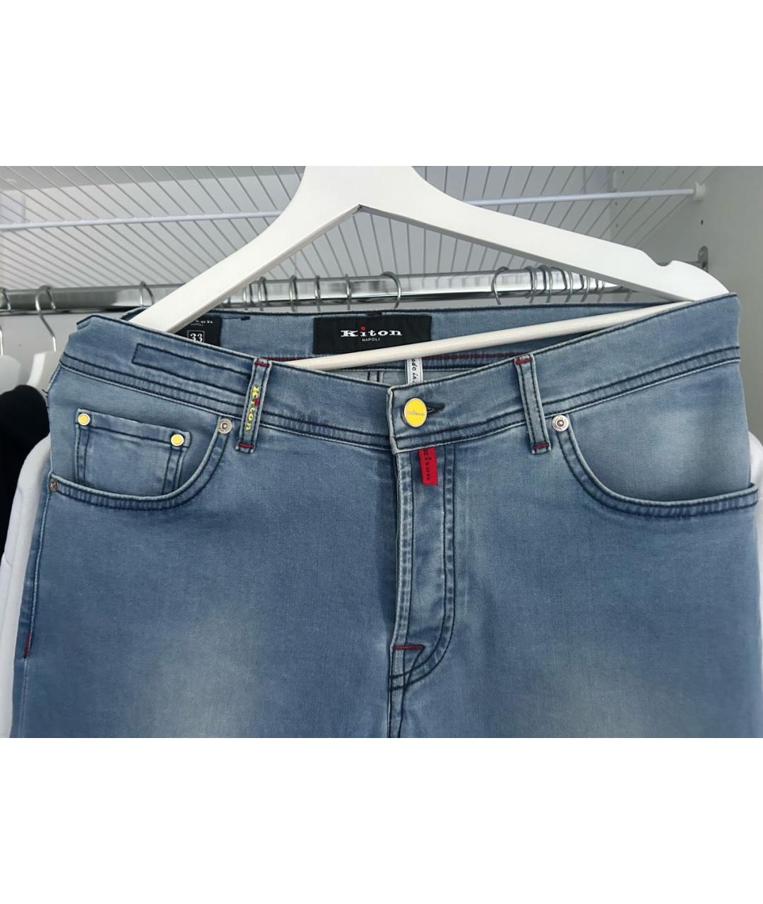 KITON Голубые хлопко-эластановые прямые джинсы, фото 4