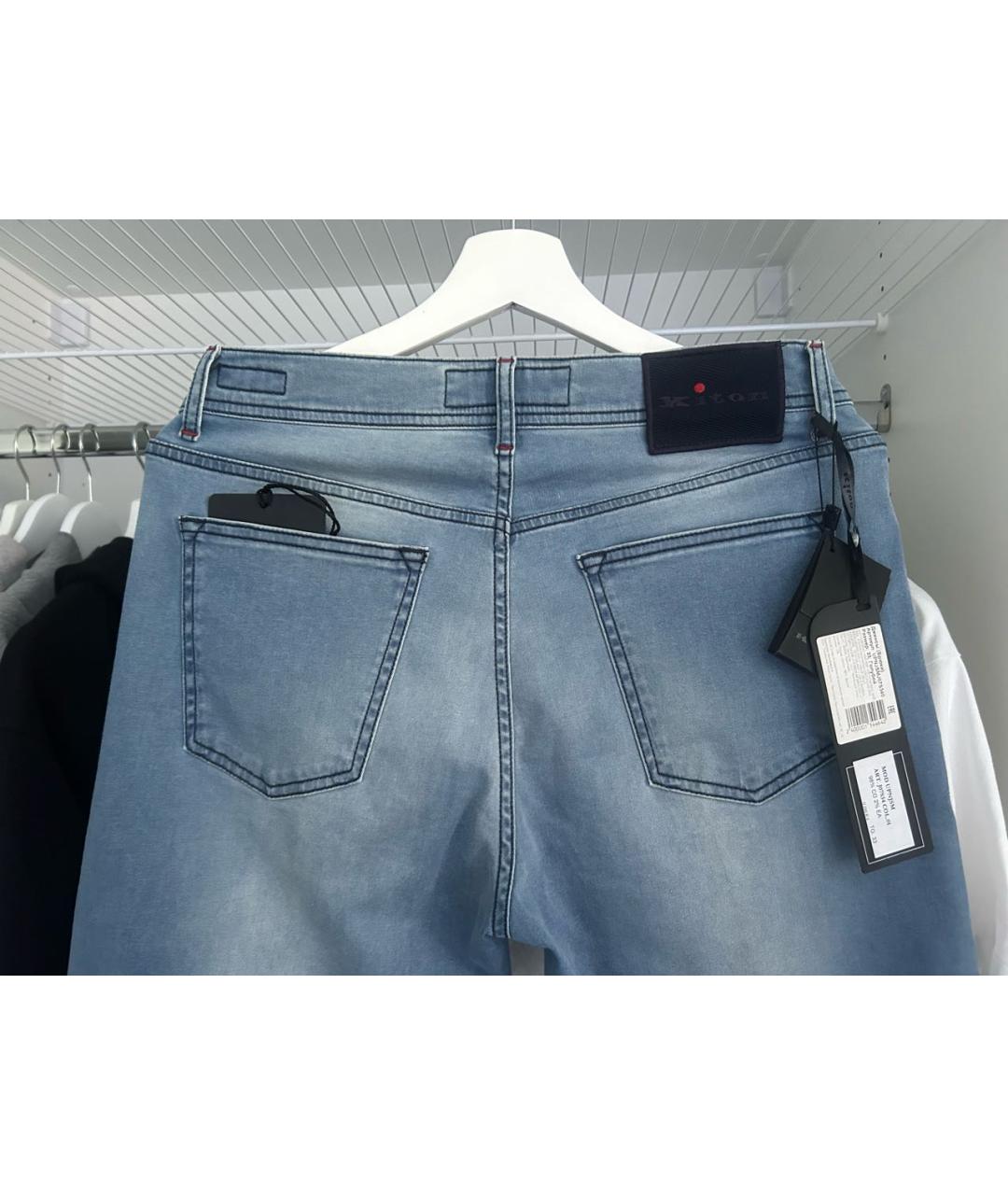 KITON Голубые хлопко-эластановые прямые джинсы, фото 3
