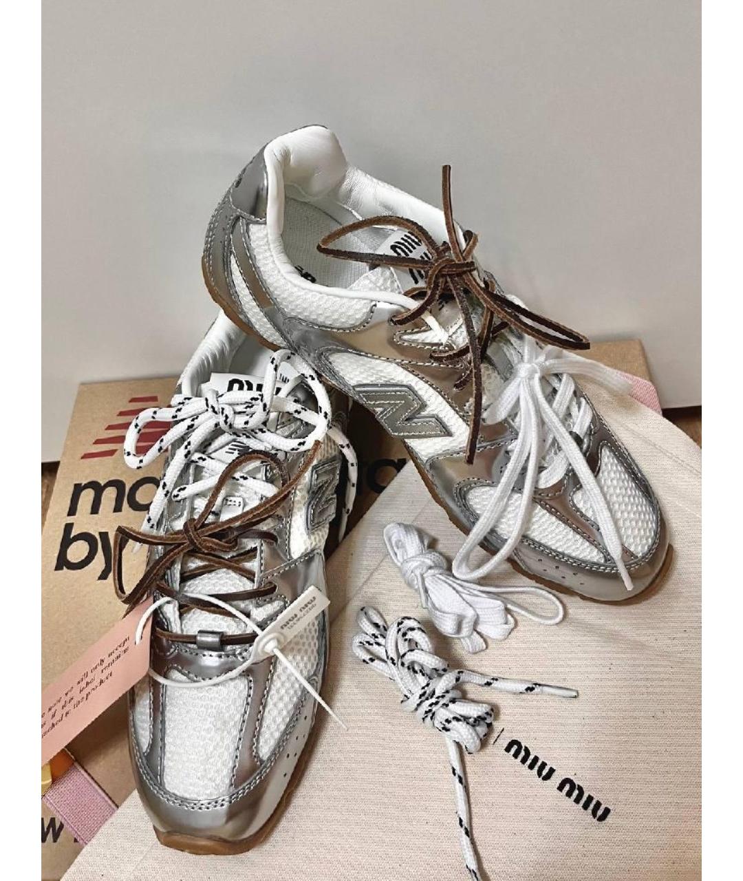 MIU MIU Серебряные кожаные кроссовки, фото 4