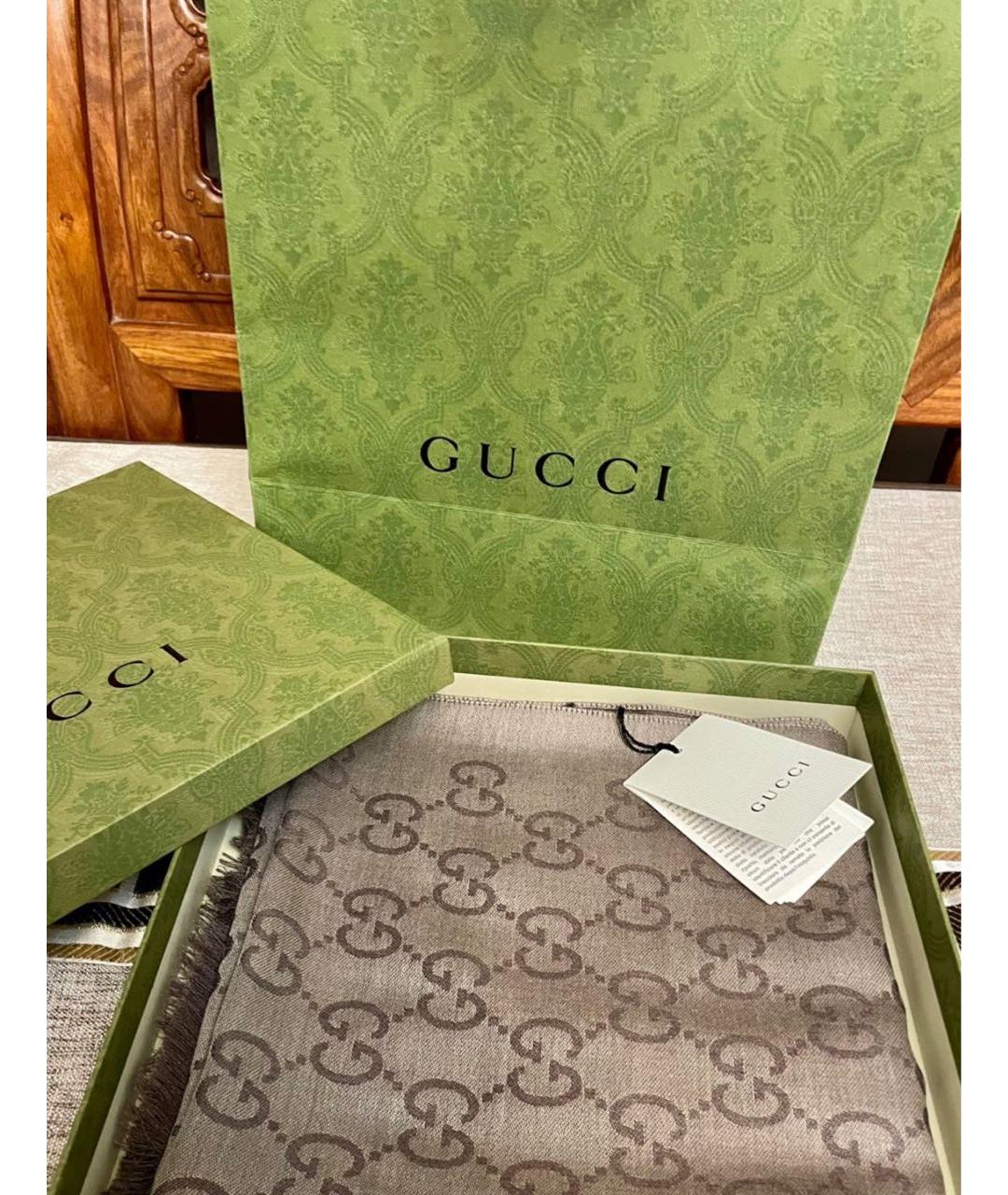 GUCCI Коричневый шерстяной шарф, фото 4