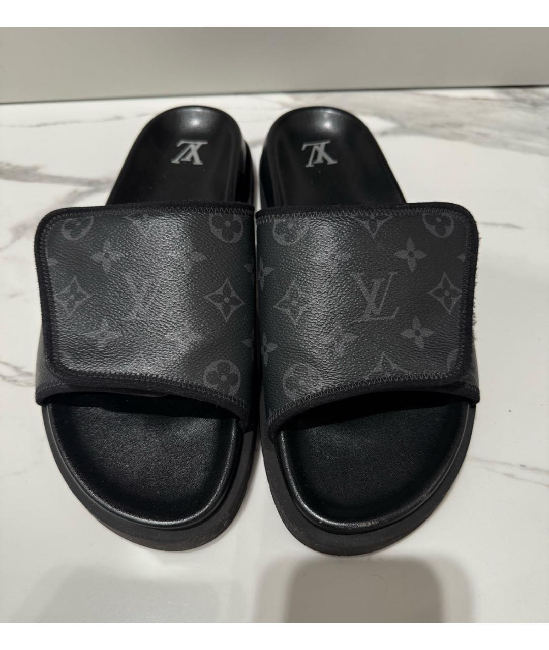 LOUIS VUITTON Черные кожаные шлепанцы, фото 2
