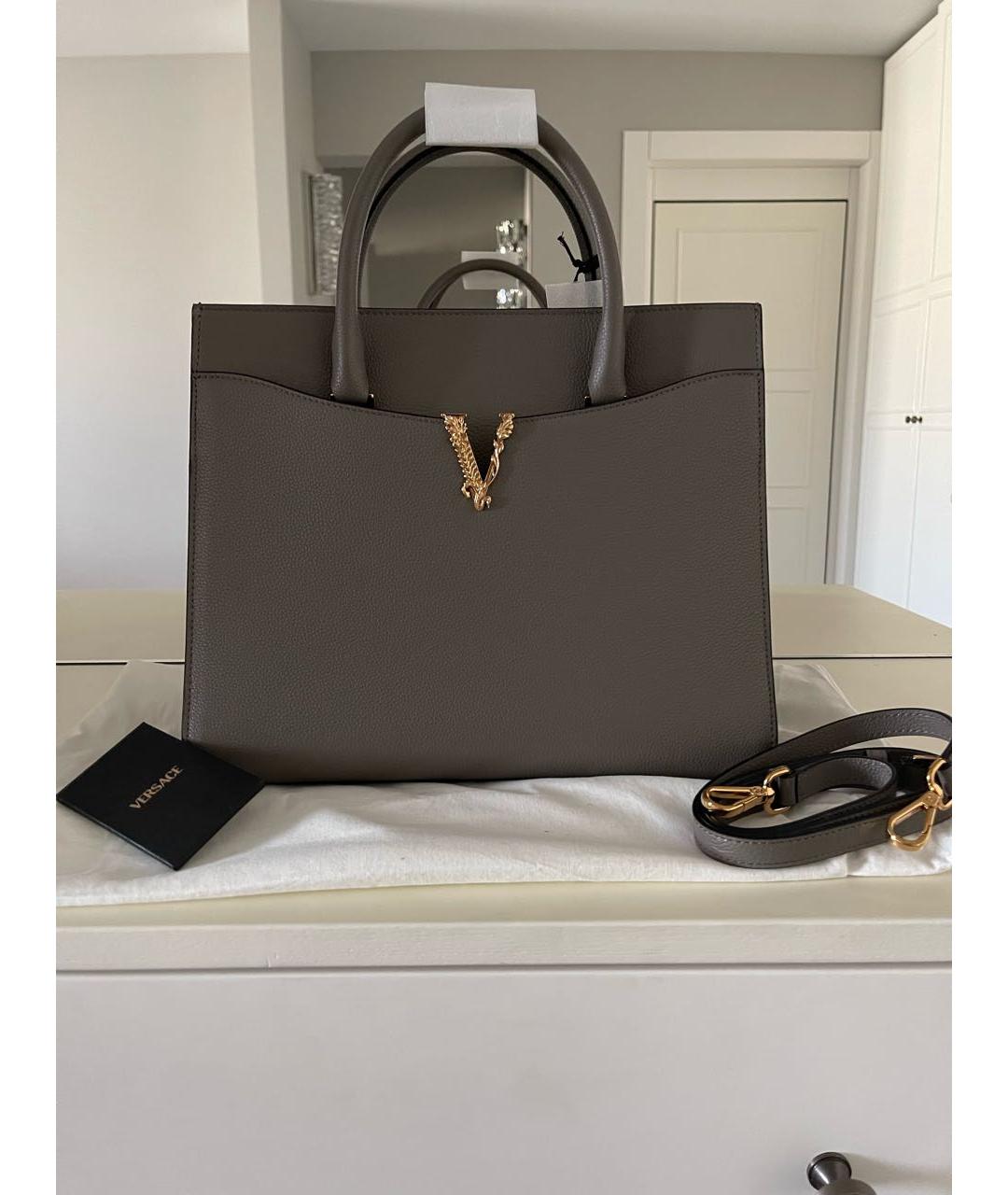 VERSACE Серая кожаная сумка тоут, фото 9
